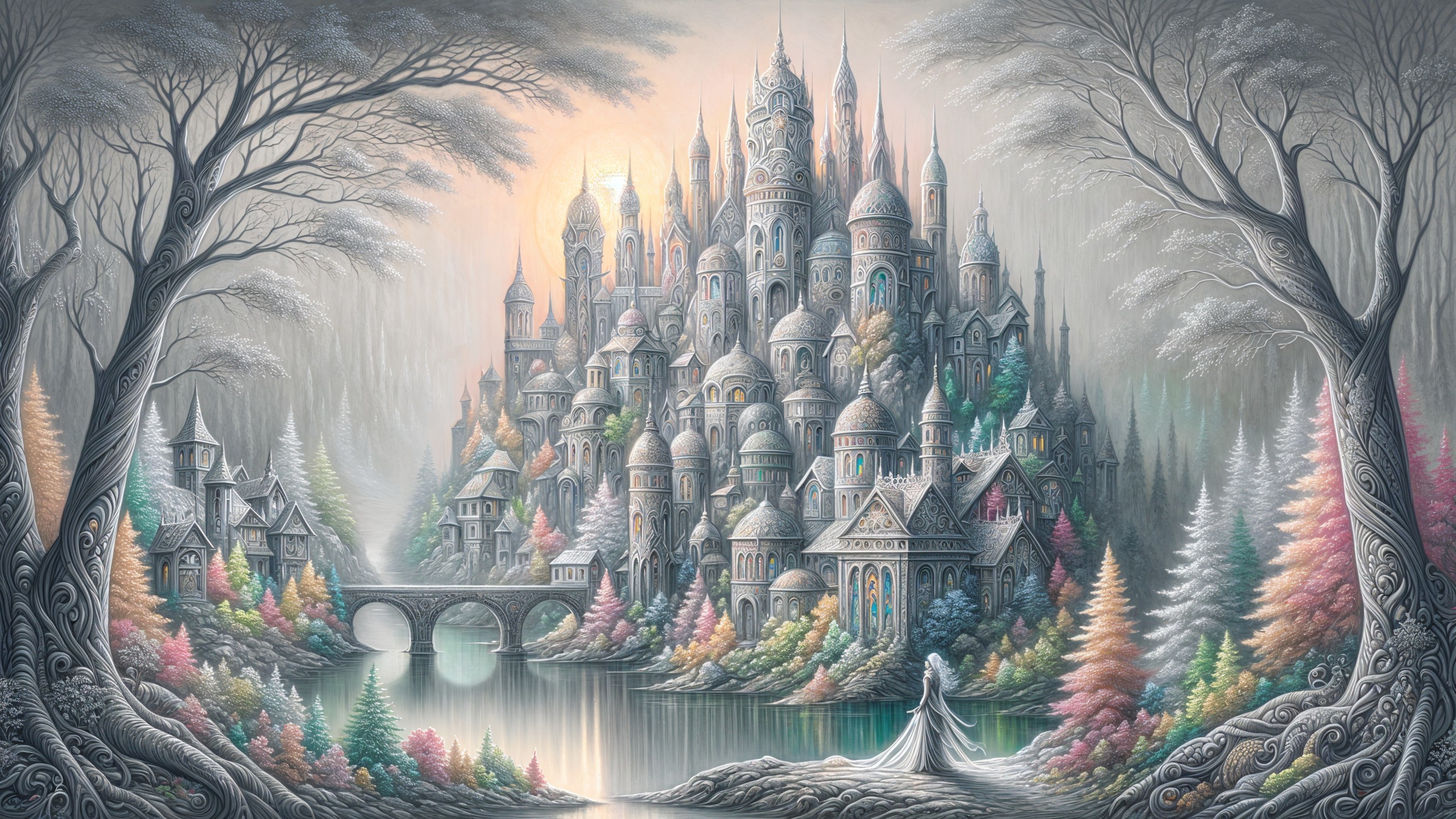 Mystical Castle Surrounded by Trees and Mist