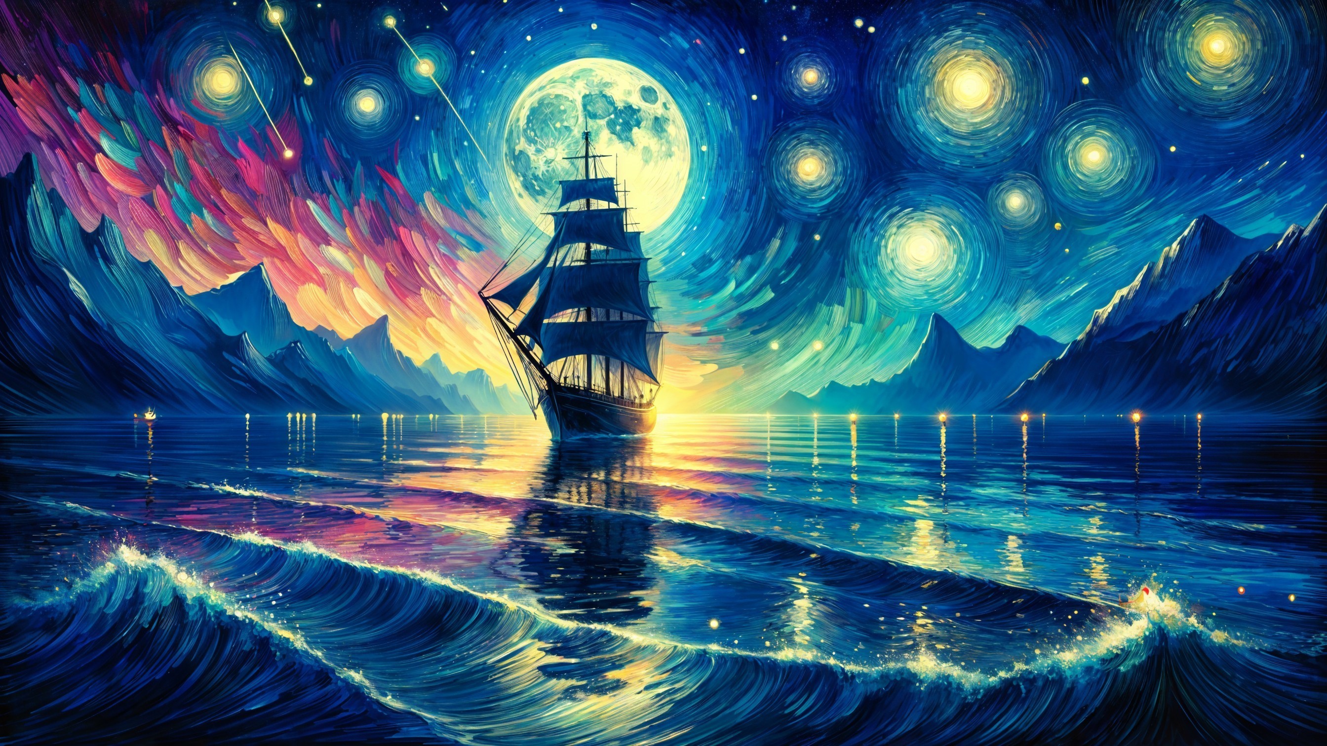 Majestic Ship Sailing Under Colorful Night Sky