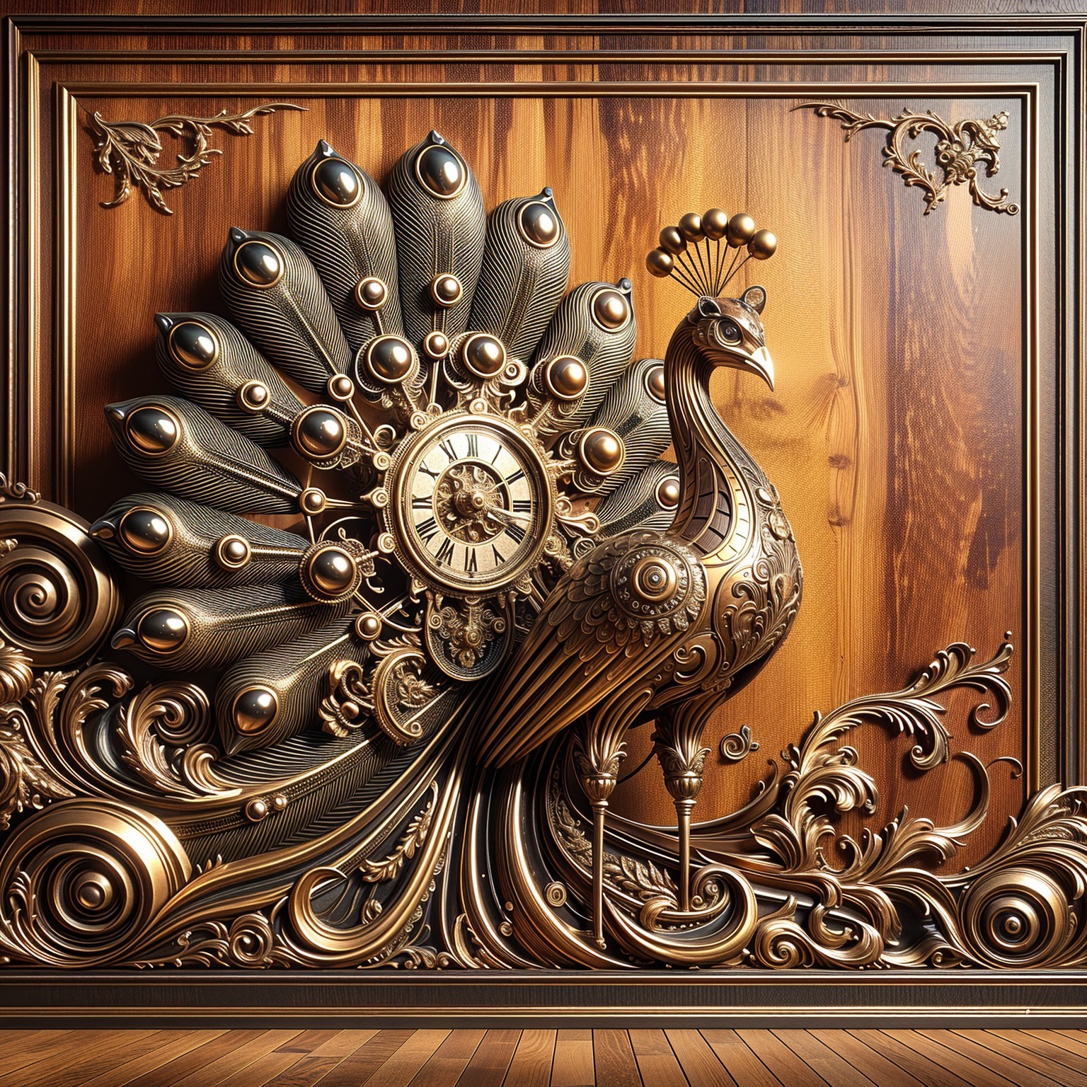 Ornate Wooden Wall with Majestic Peacock Design