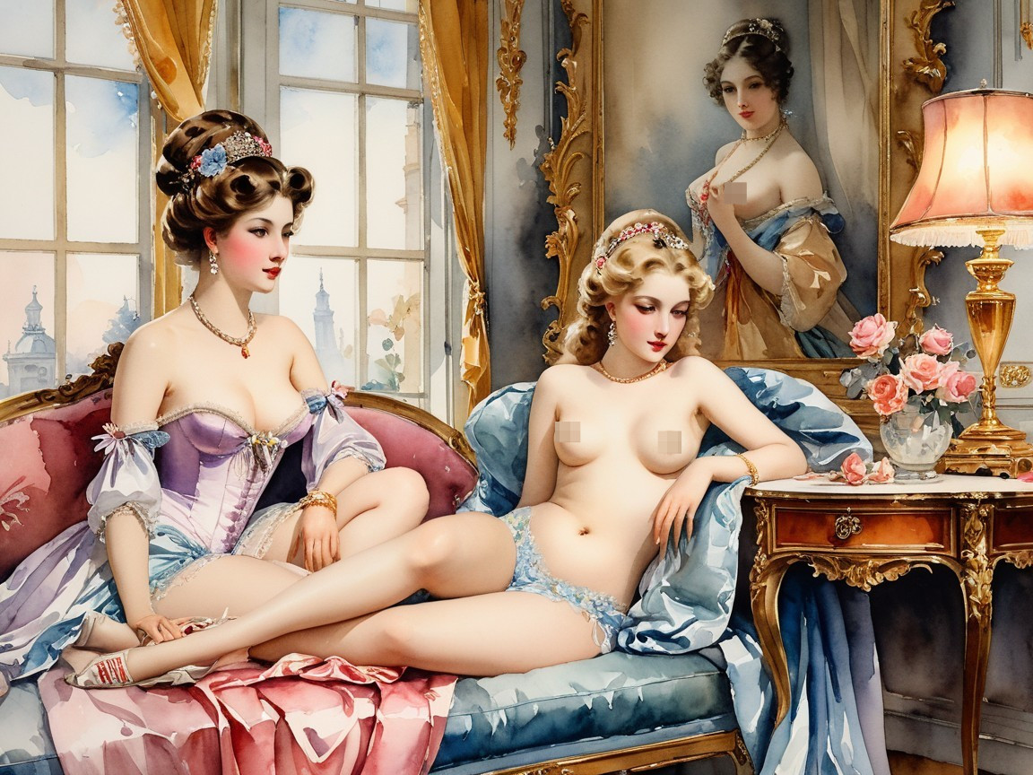 Elegant women lounging in a lavishly decorated room