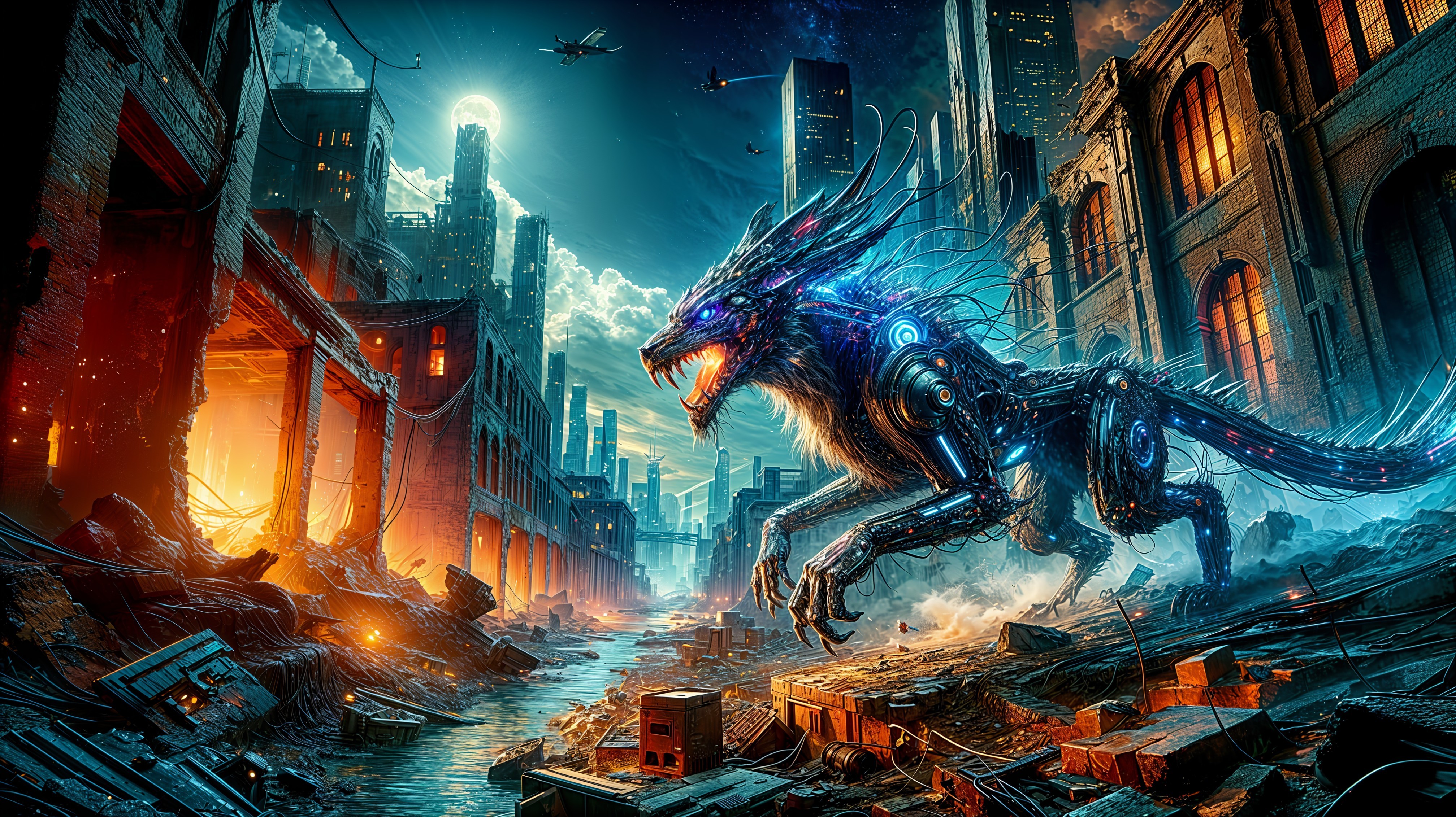 Futuristic Abandoned City with Robotic Wolf and Drones