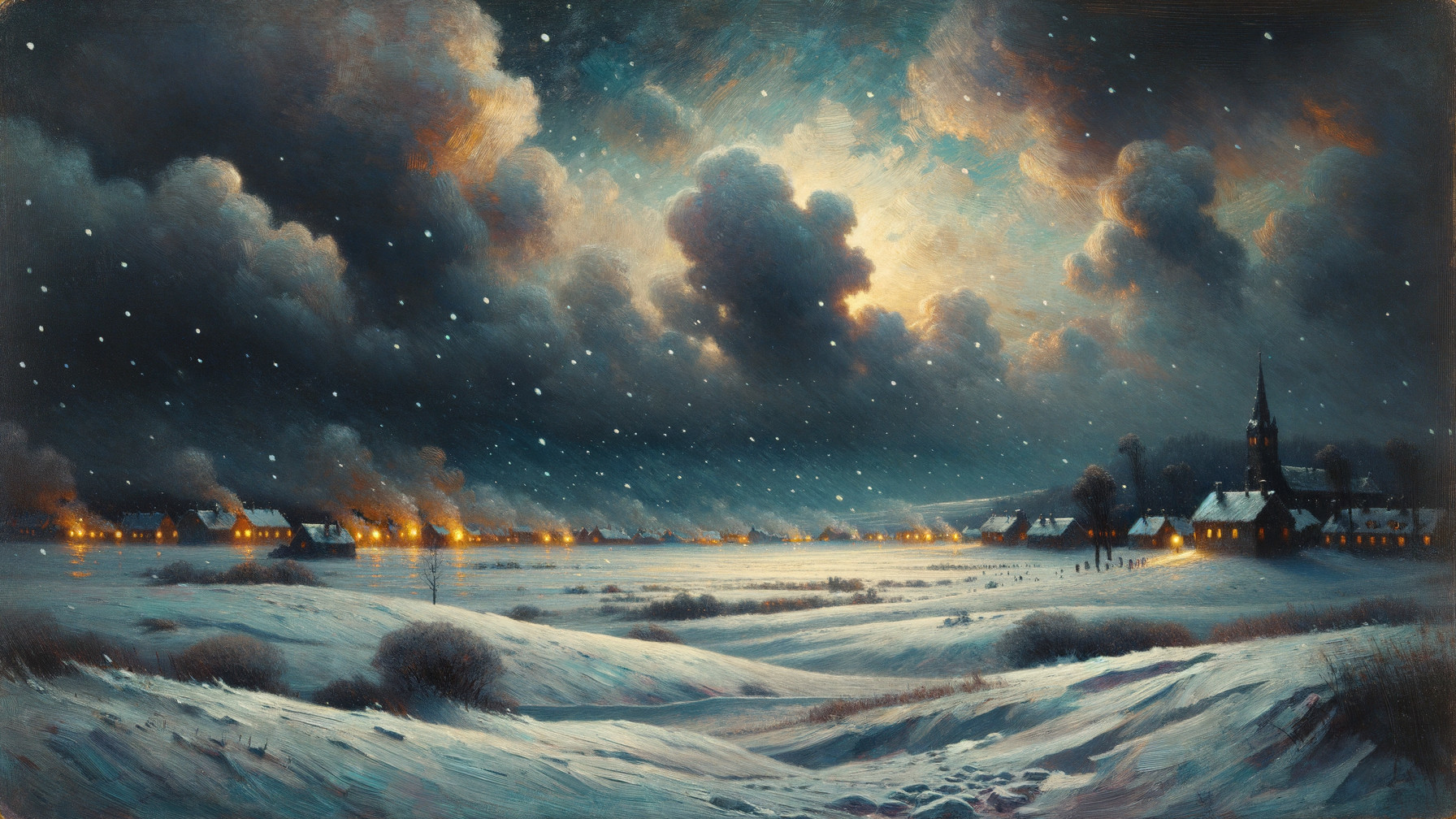 Serene Winter Landscape with Snow and Village Lights
