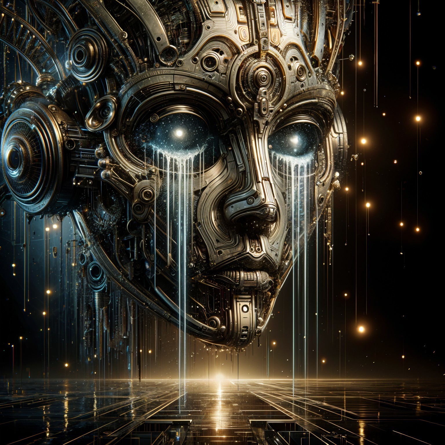 Futuristic Cybernetic Face with Light Tears and Patterns
