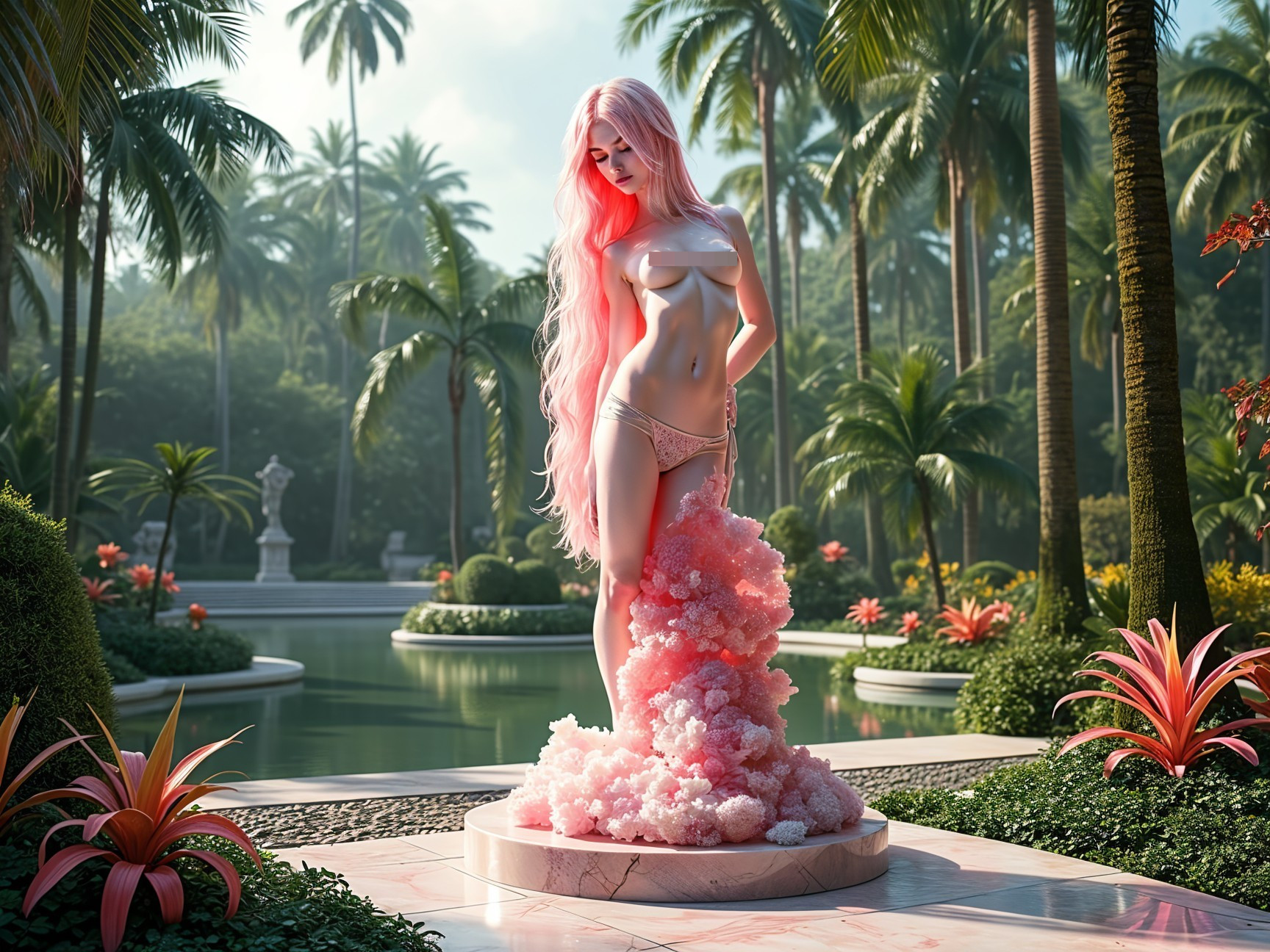 Serene garden scene with a woman and tropical plants
