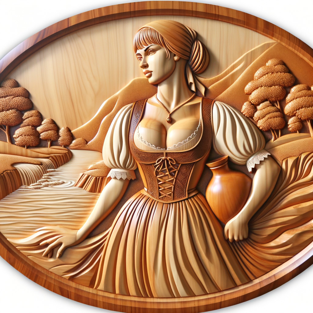 Wooden Relief of Woman by River with Clay Pot