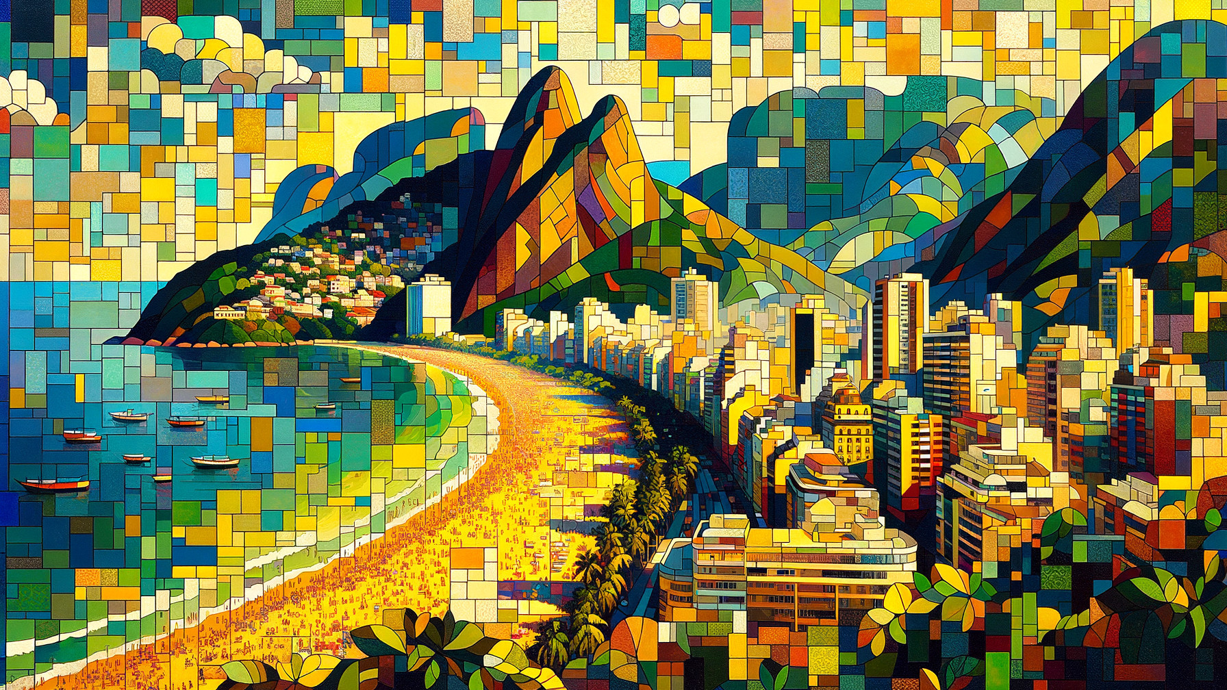 Mosaic Beach Scene with Mountains and Coastal City