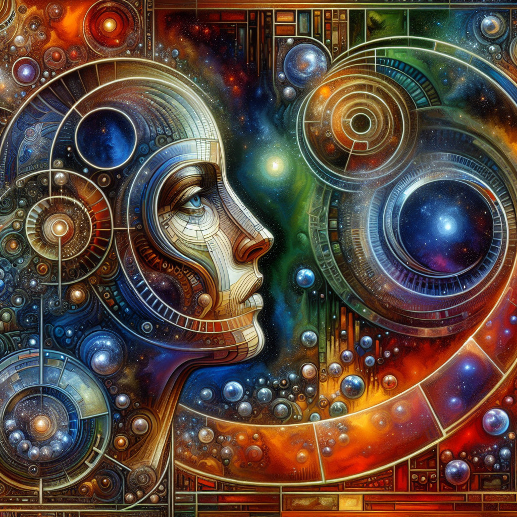 Stylized Human Face with Circuitry and Cosmic Elements