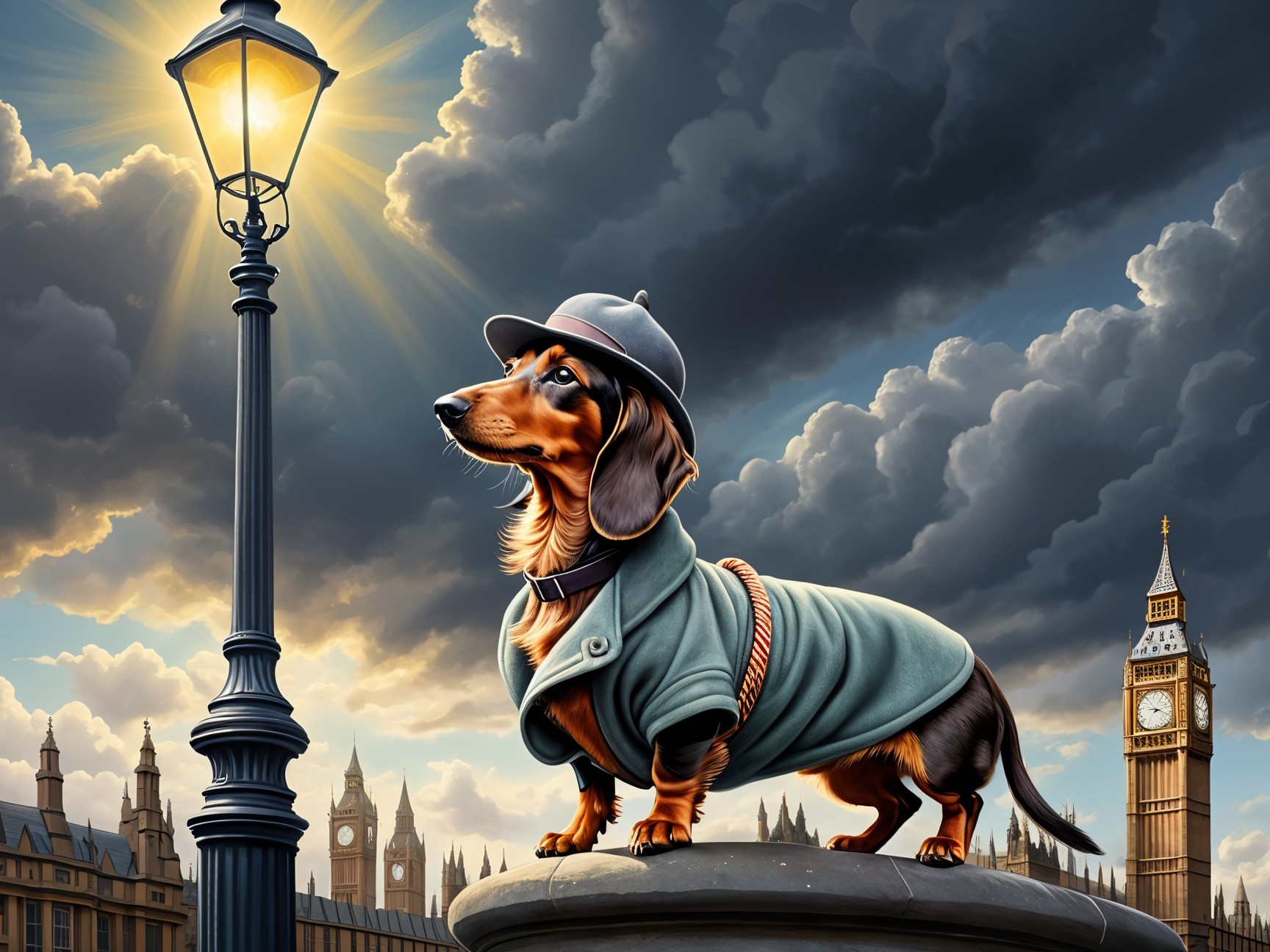 Dachshund in detective attire against London skyline