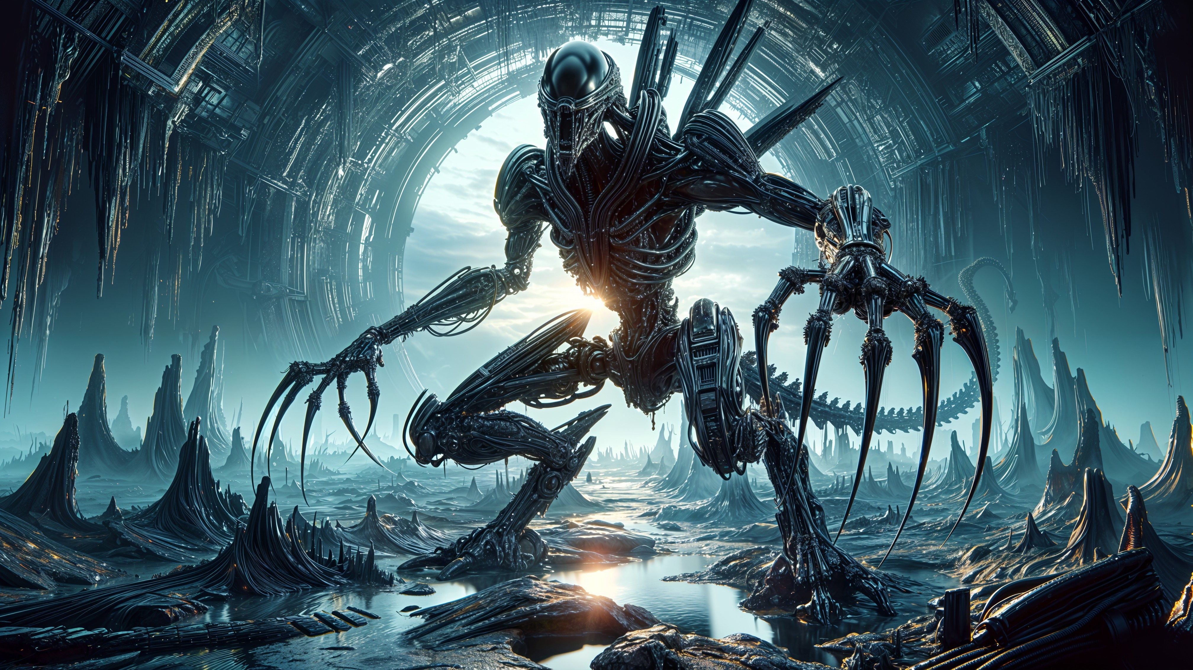 Futuristic Dystopian Landscape with Robotic Creature