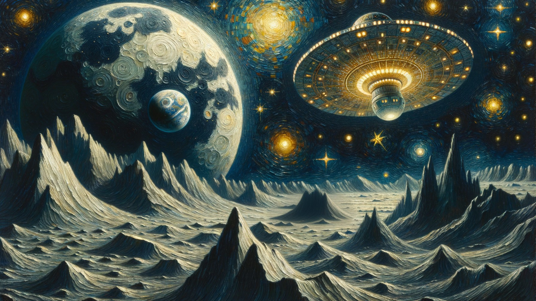 Cosmic Landscape with Stars, Moon, and Spaceship