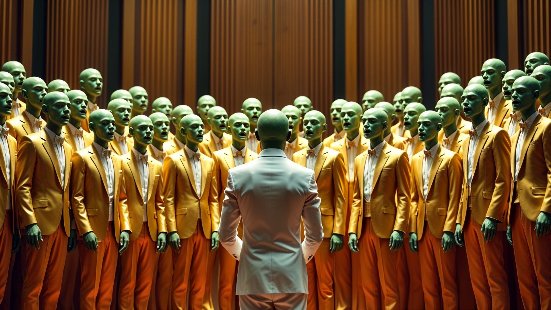 Surreal Scene of Mannequins in Orange Suits