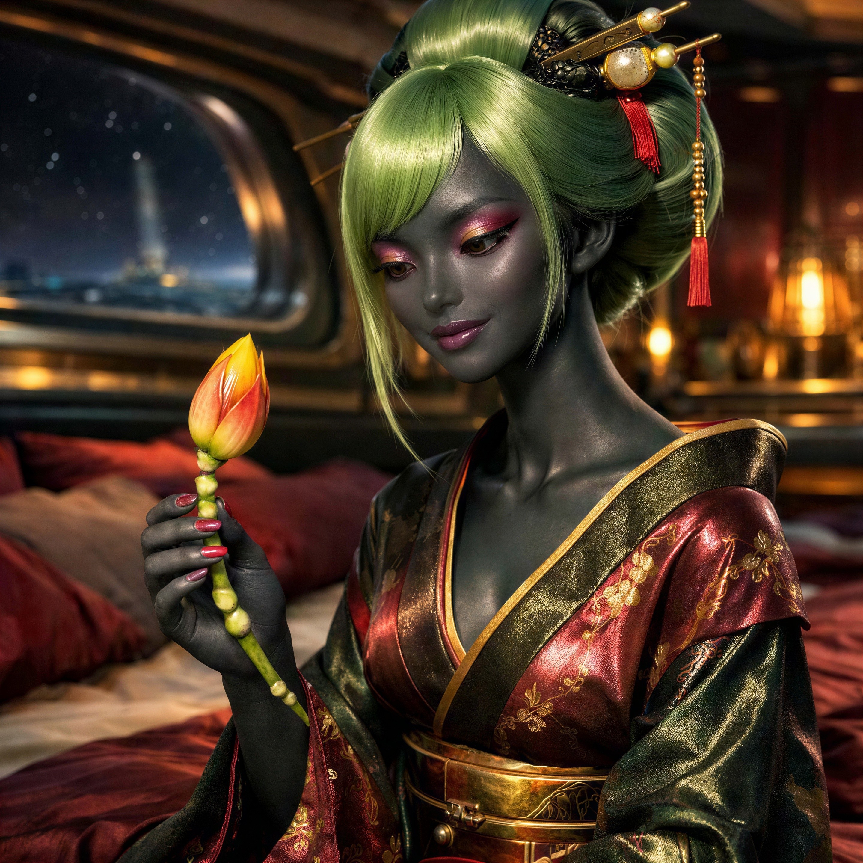 Detailed Fantasy Portrait of Woman in Kimono