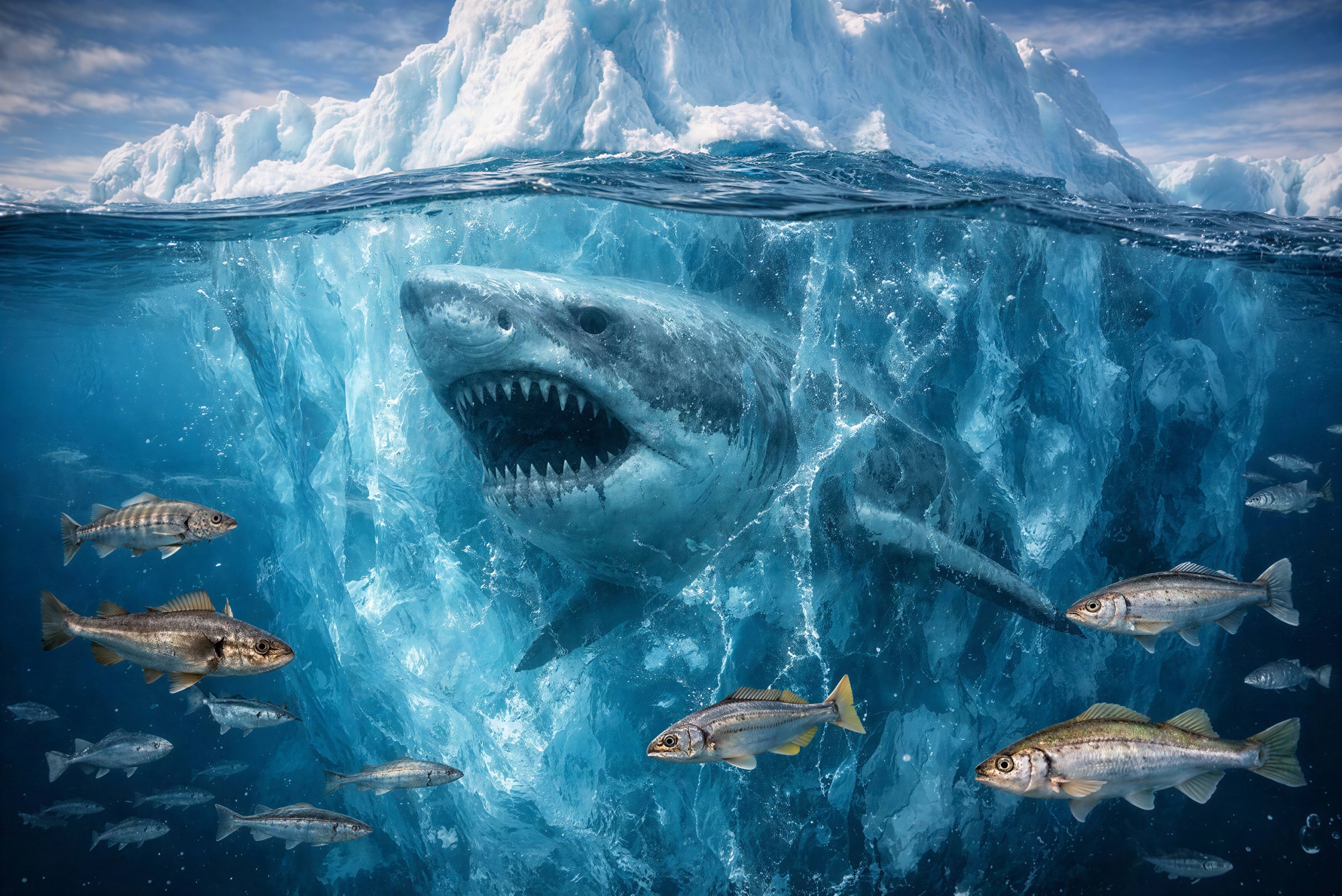 Underwater Scene of a Great White Shark Near Iceberg