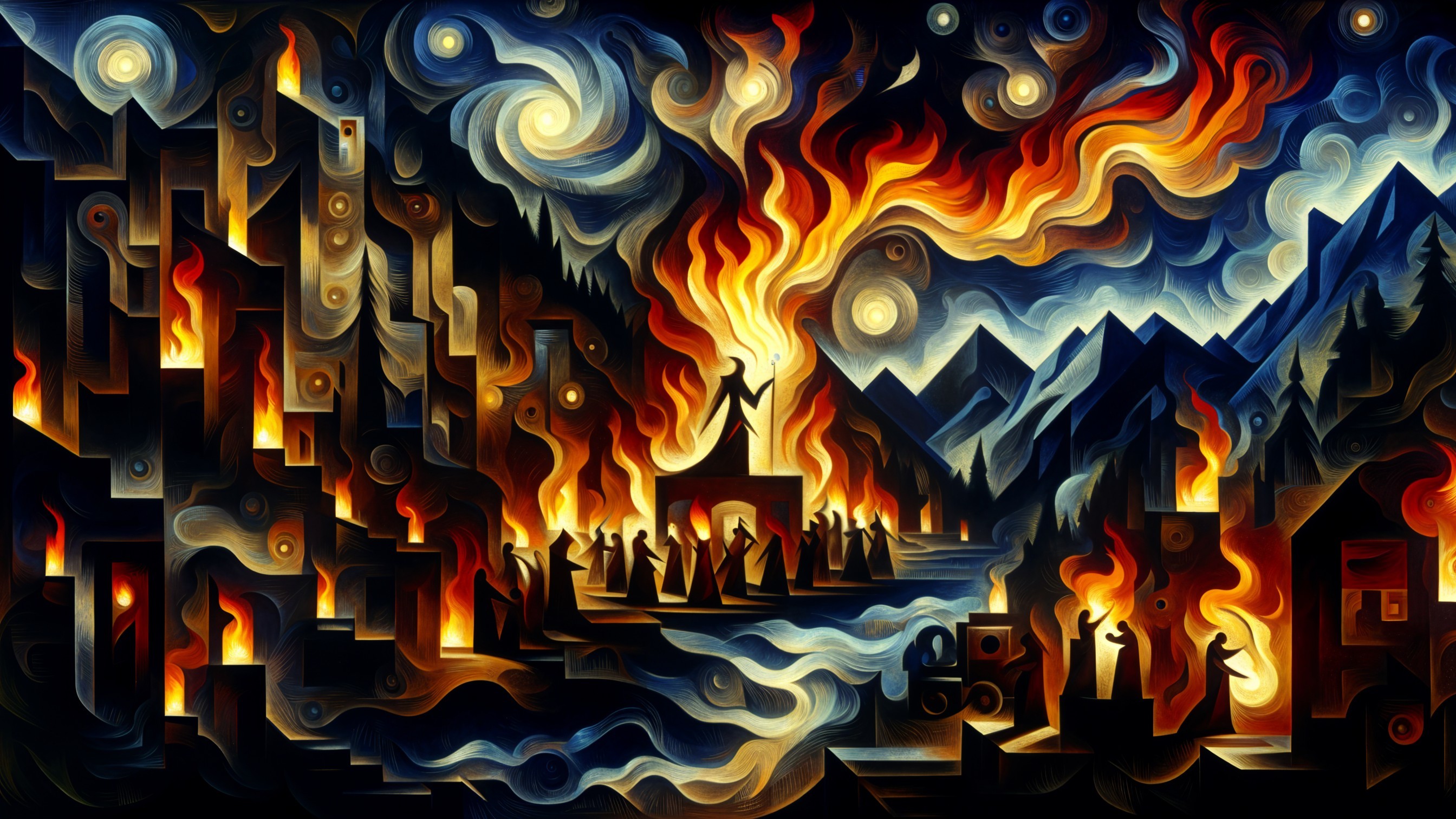 Dramatic Artwork of Chaos with Flames and Silhouettes