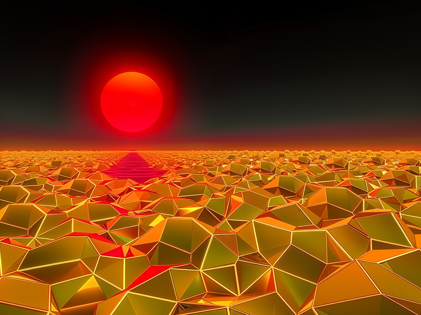 Surreal Landscape with Red Sun and Golden Shapes