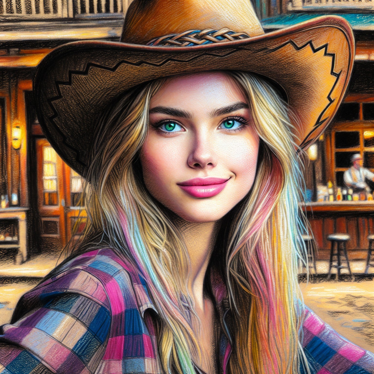 Vibrant Young Woman in Cowboy Hat in Western Town