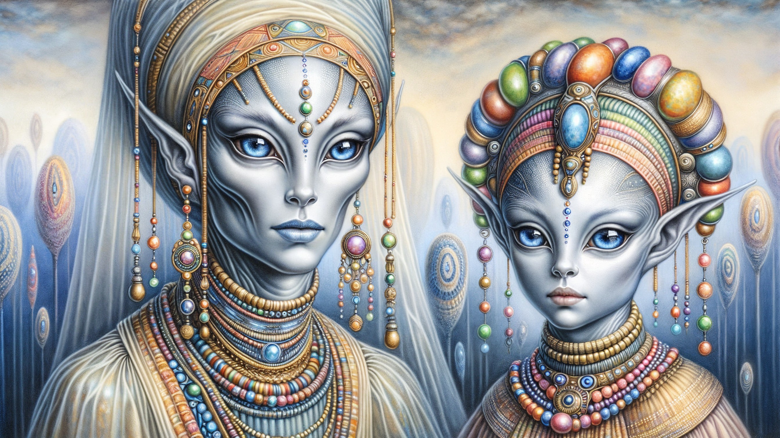 Extraterrestrial Figures in Surreal Landscape with Jewelry
