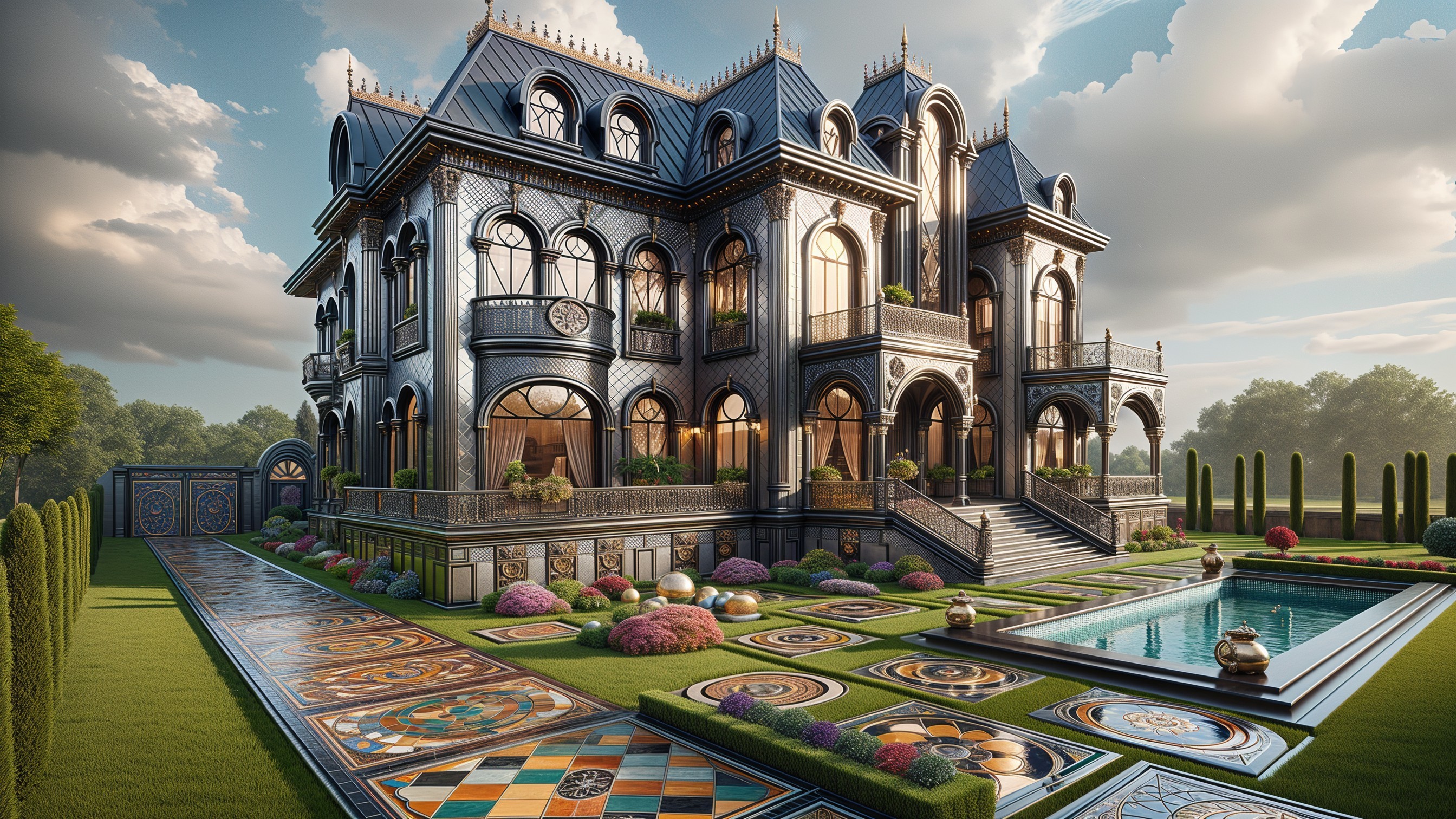 Ornate mansion with glass facade and lush gardens