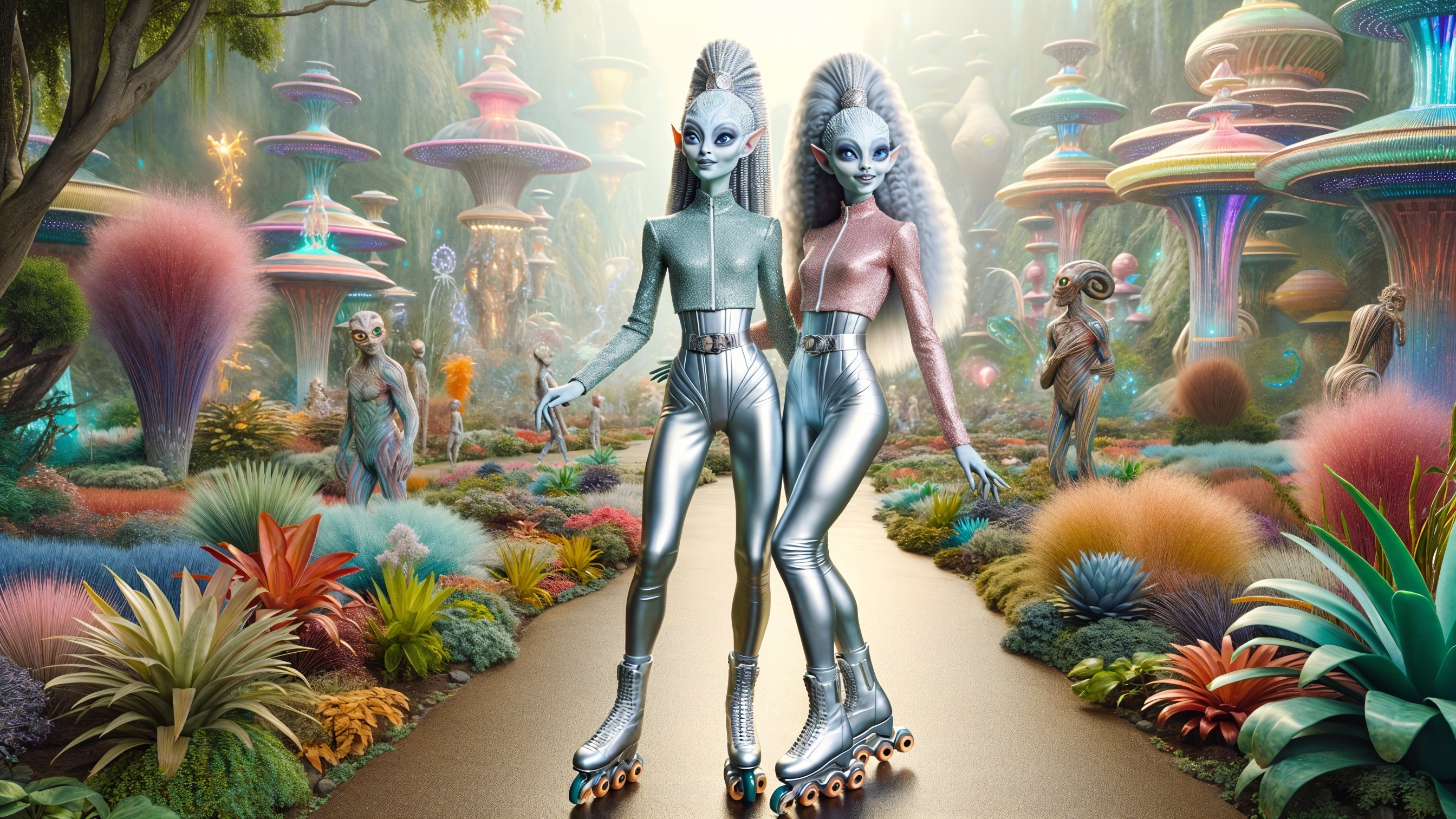 Futuristic aliens on a vibrant, surreal landscape path
