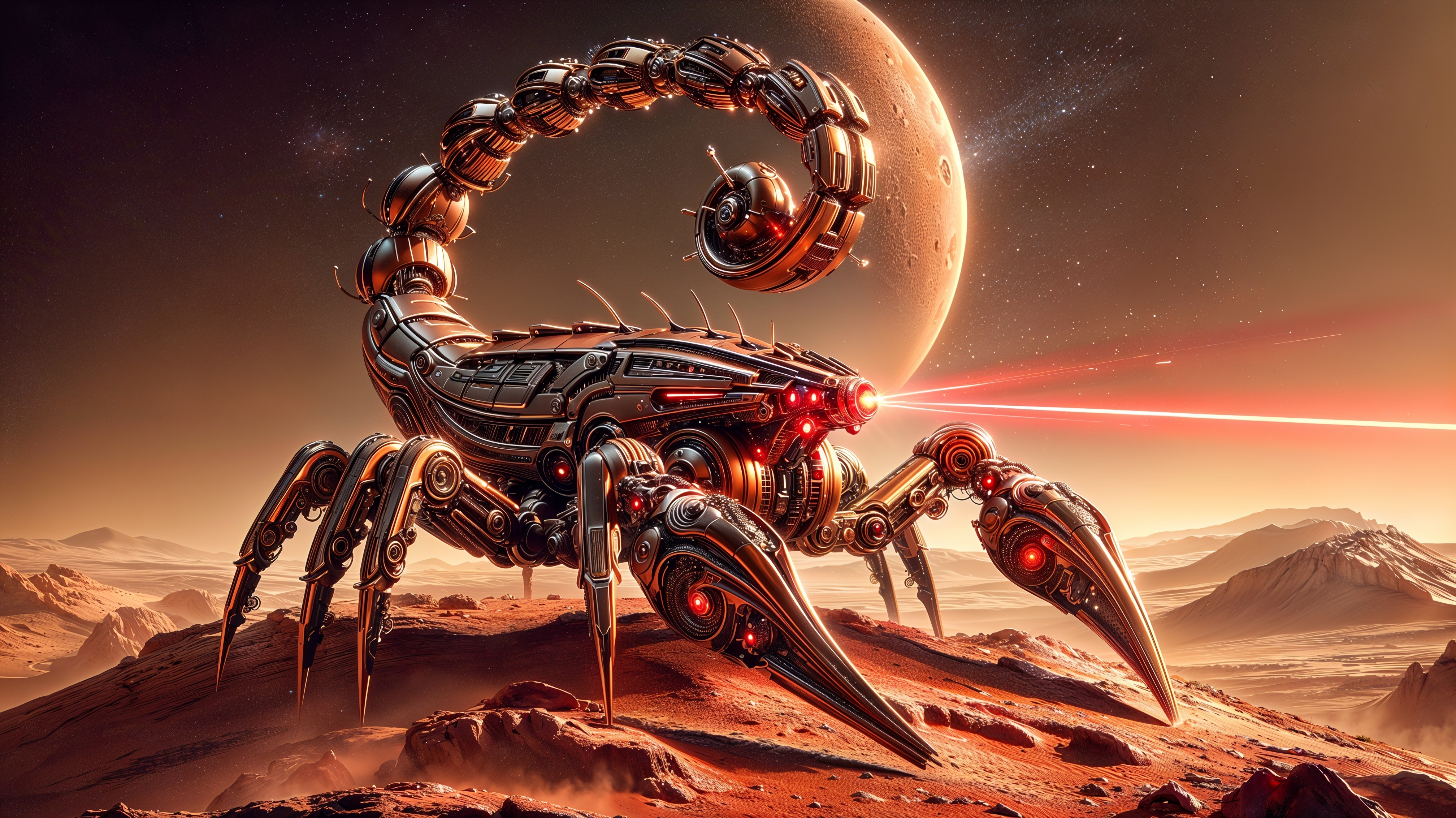 Futuristic robotic scorpion in a red alien landscape