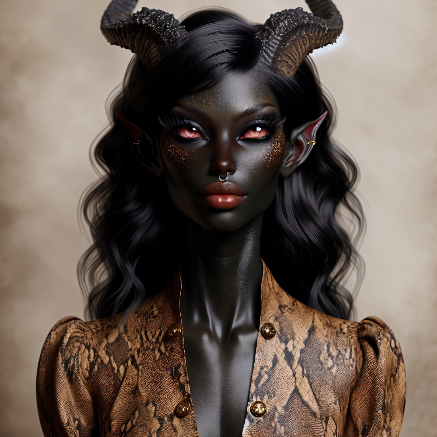 Character with Dark Skin and Curved Horns in Fantasy Garb