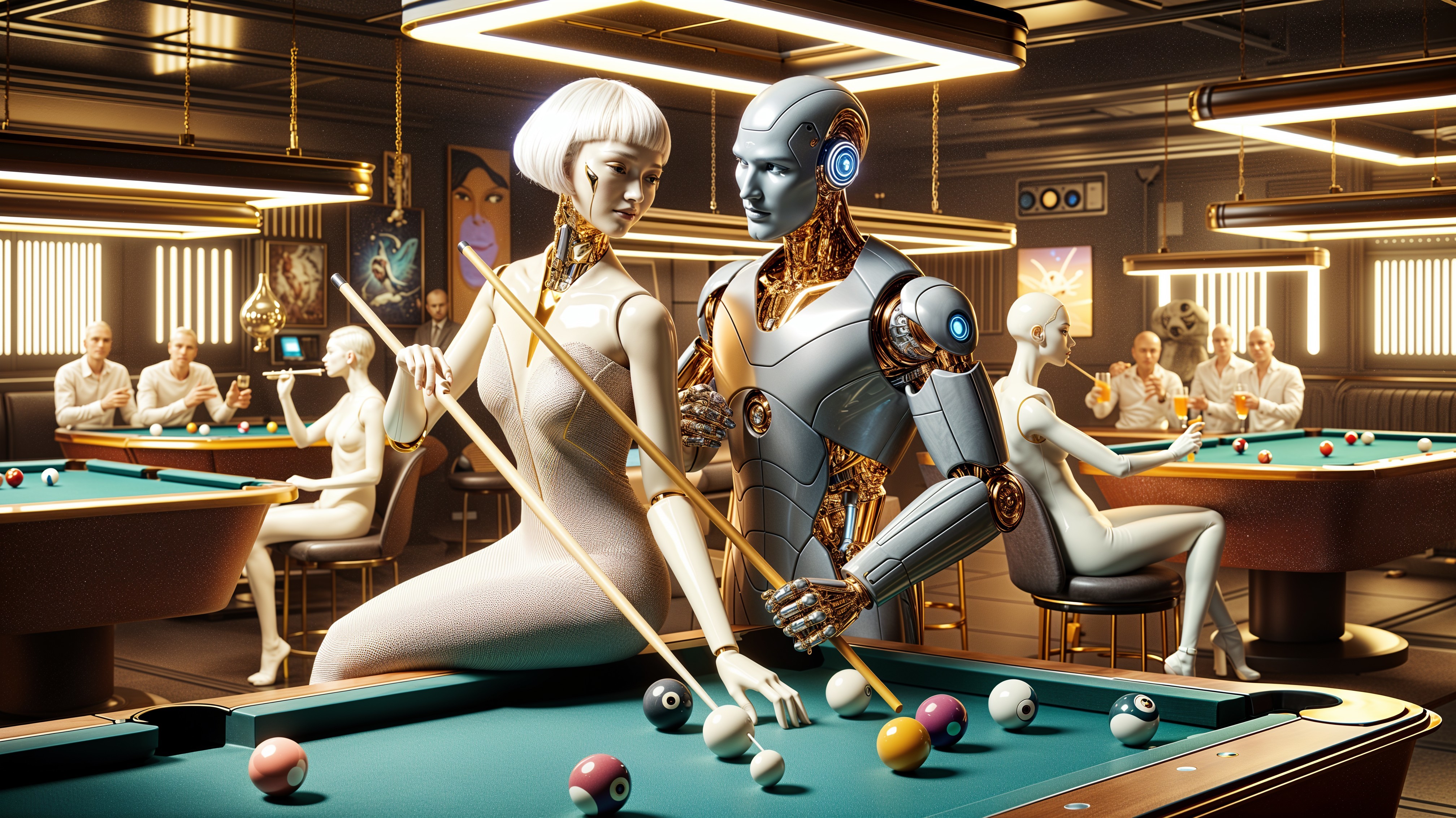 Futuristic Billiard Hall with Robot and Woman Interaction
