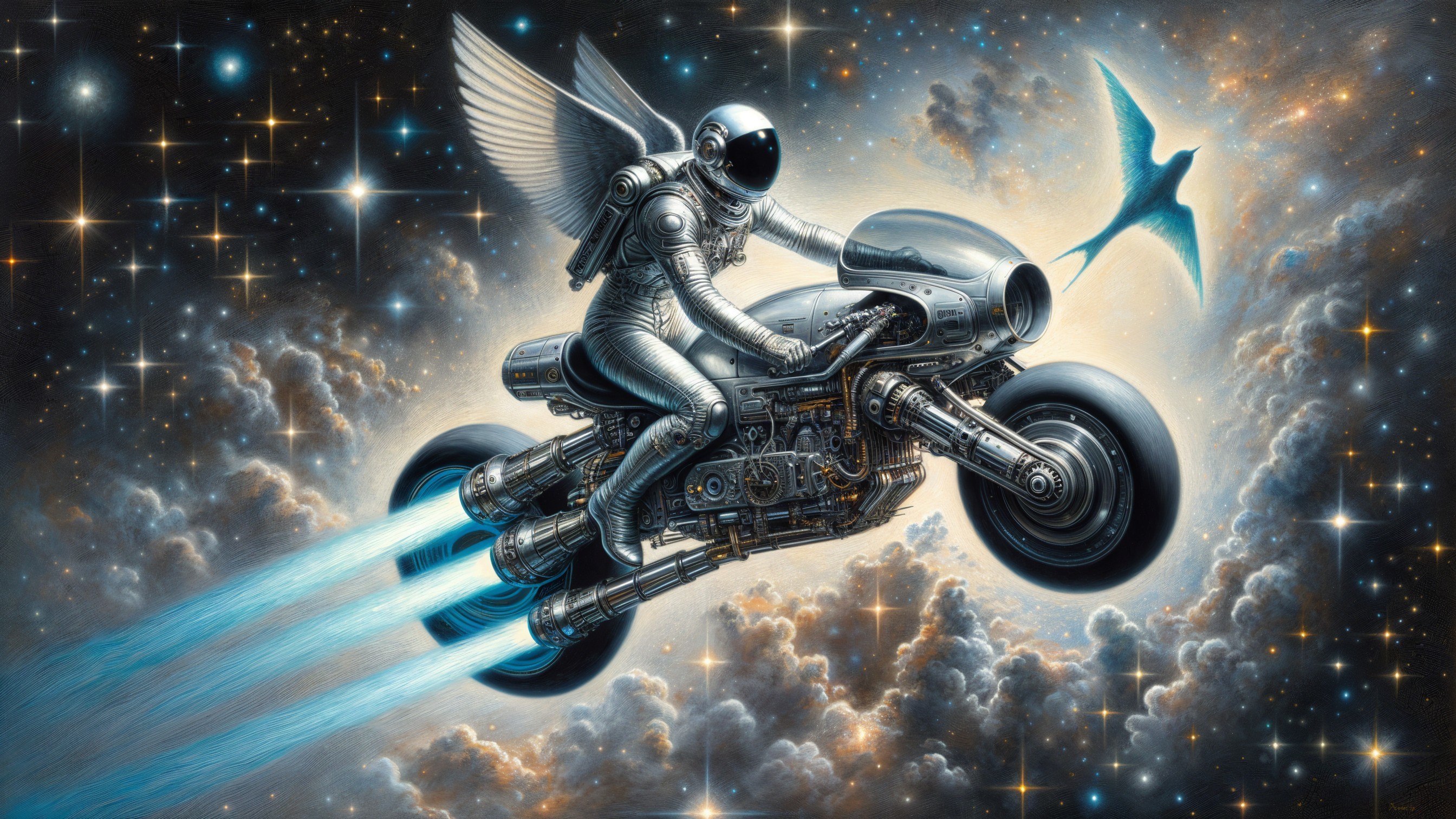 Astronaut on High-Tech Motorcycle in Cosmic Landscape