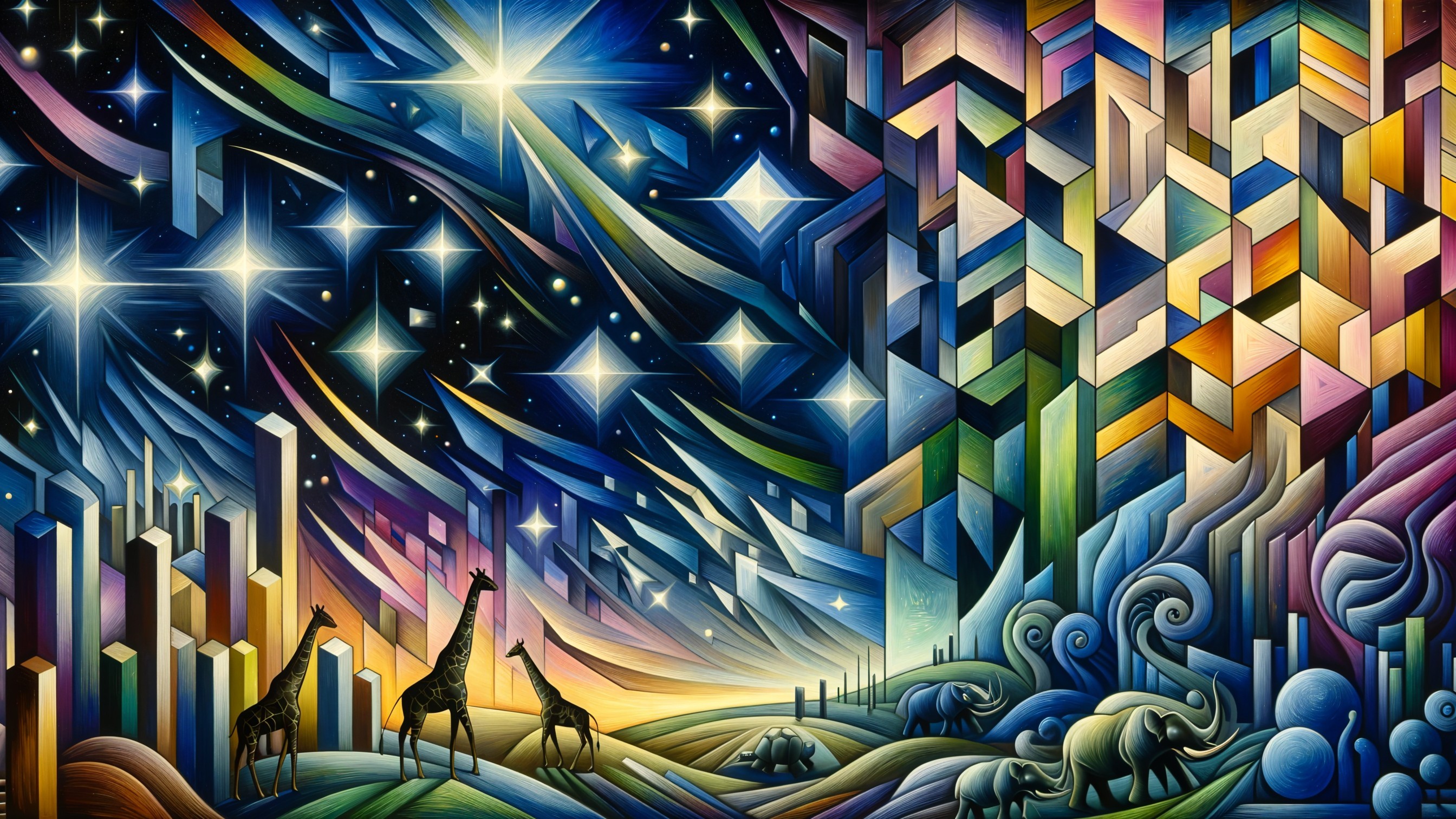 Surreal Landscape with Giraffes and Starry Night Sky