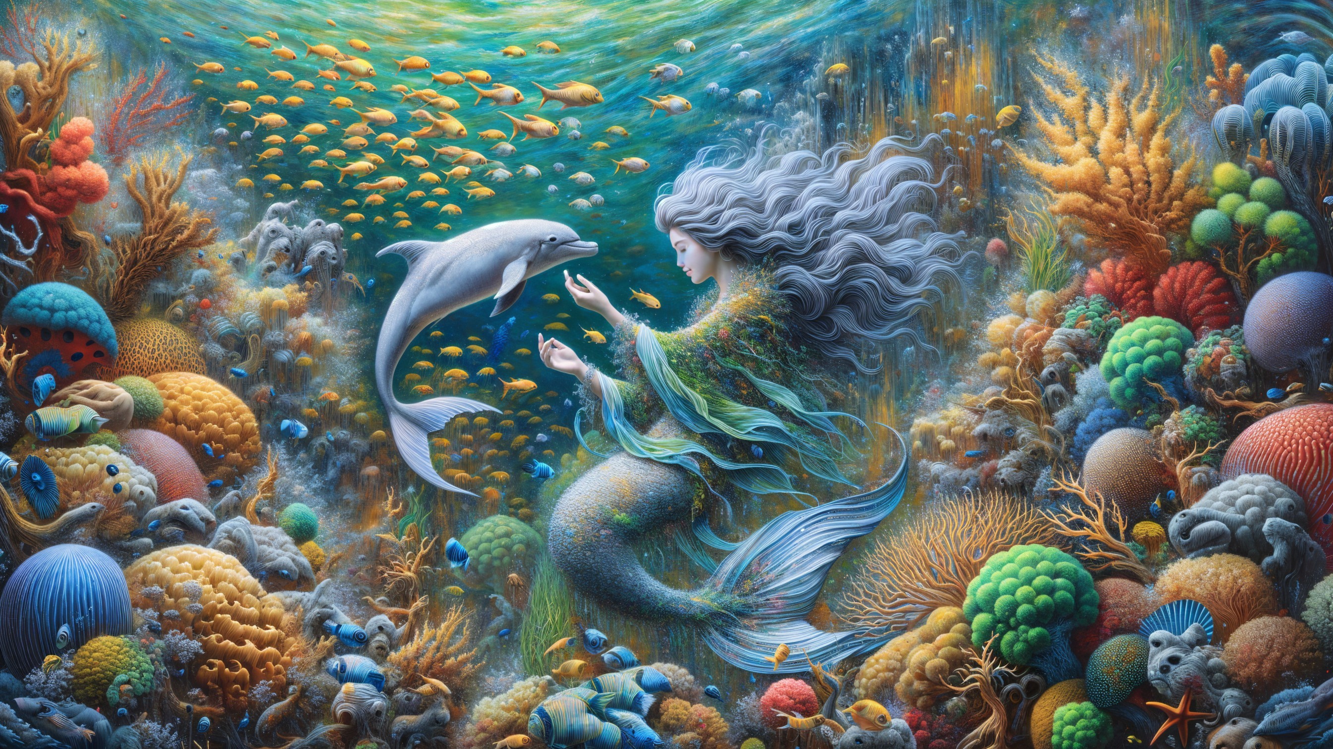 Detailed Underwater Scene with Mermaid and Dolphin