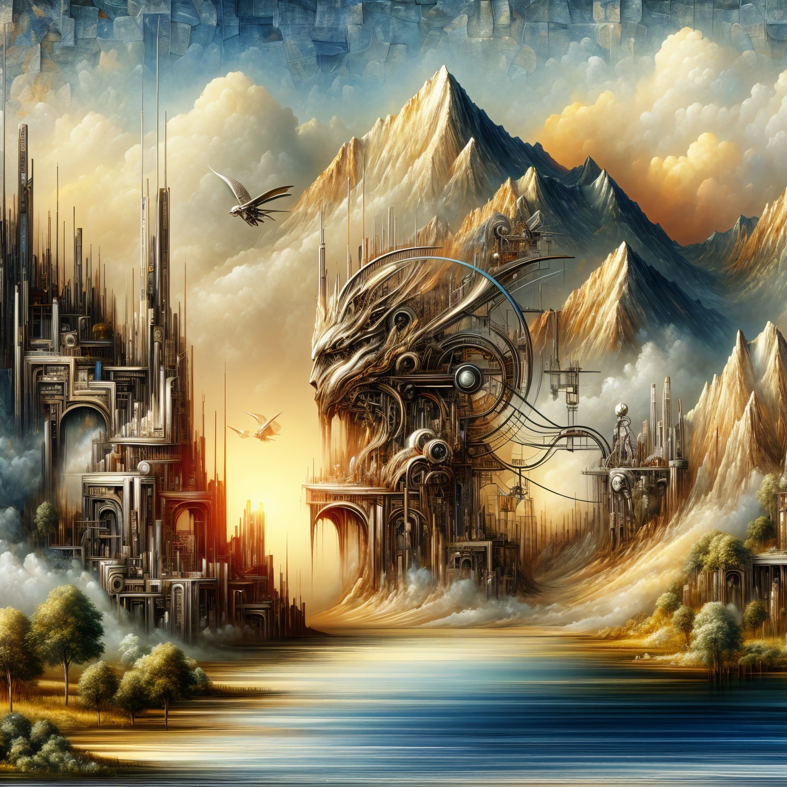 Surreal Landscape with Mountains and Dragon-like Figure