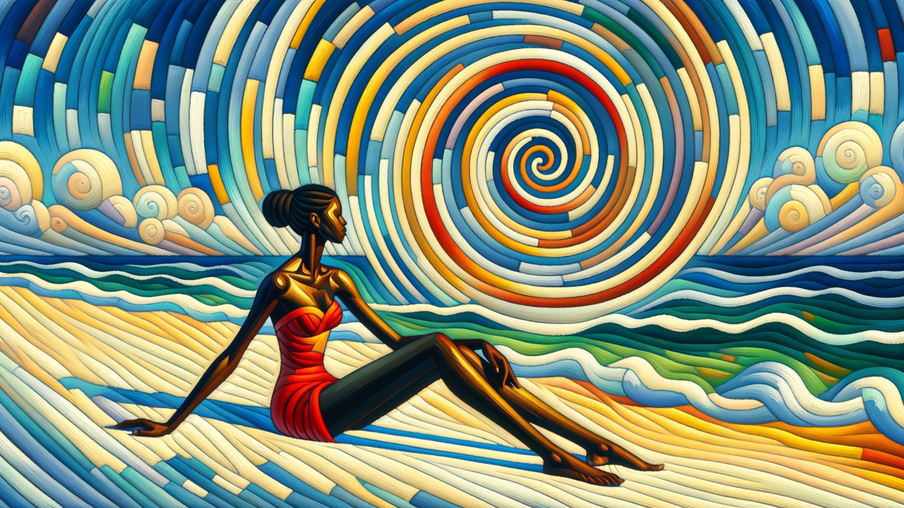 Vibrant Beach Scene with Woman in Red Swimsuit