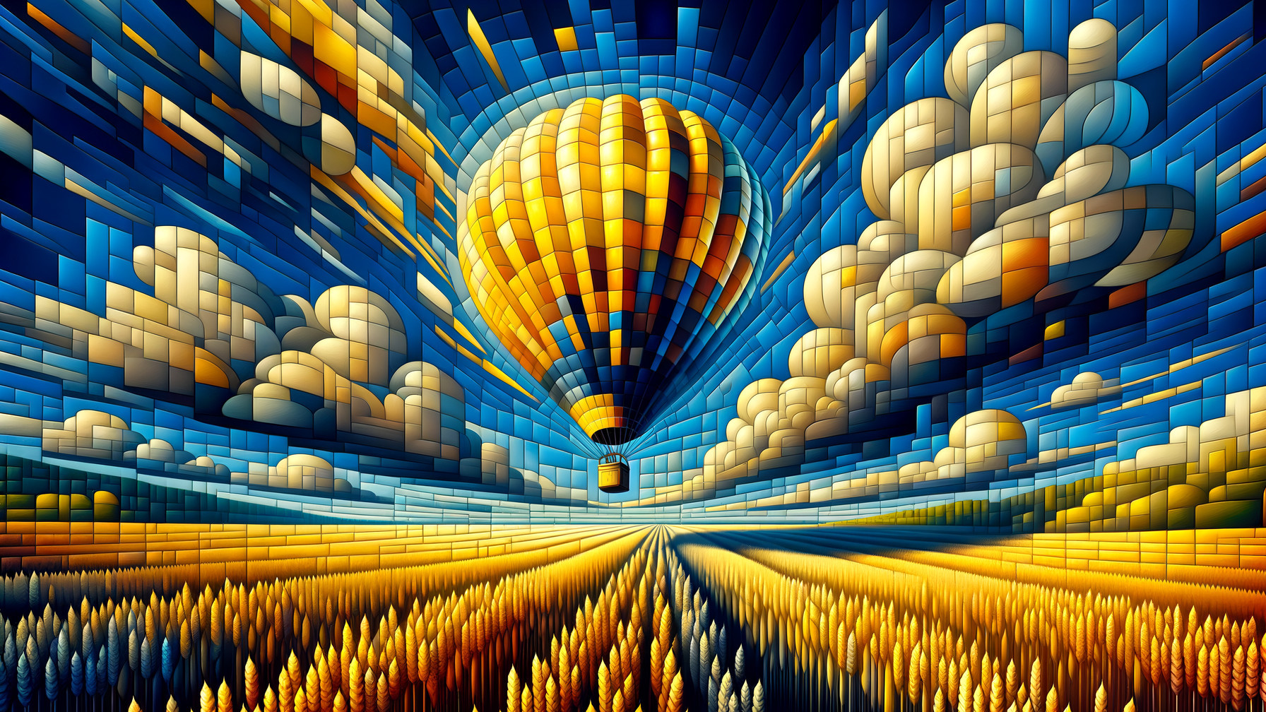 Vibrant Landscape with Hot Air Balloon Over Fields