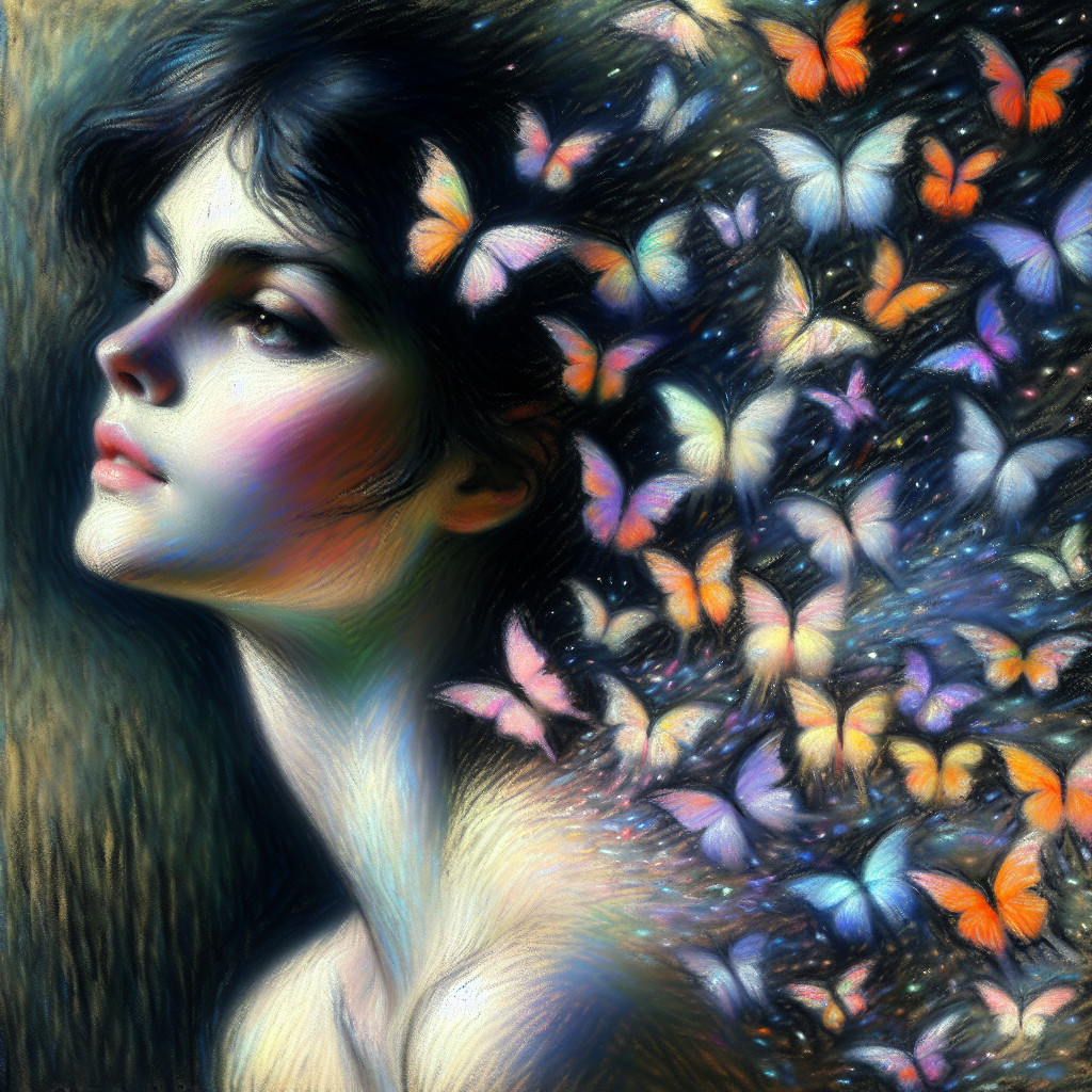 Portrait of a Young Woman with Butterflies and Dark Background