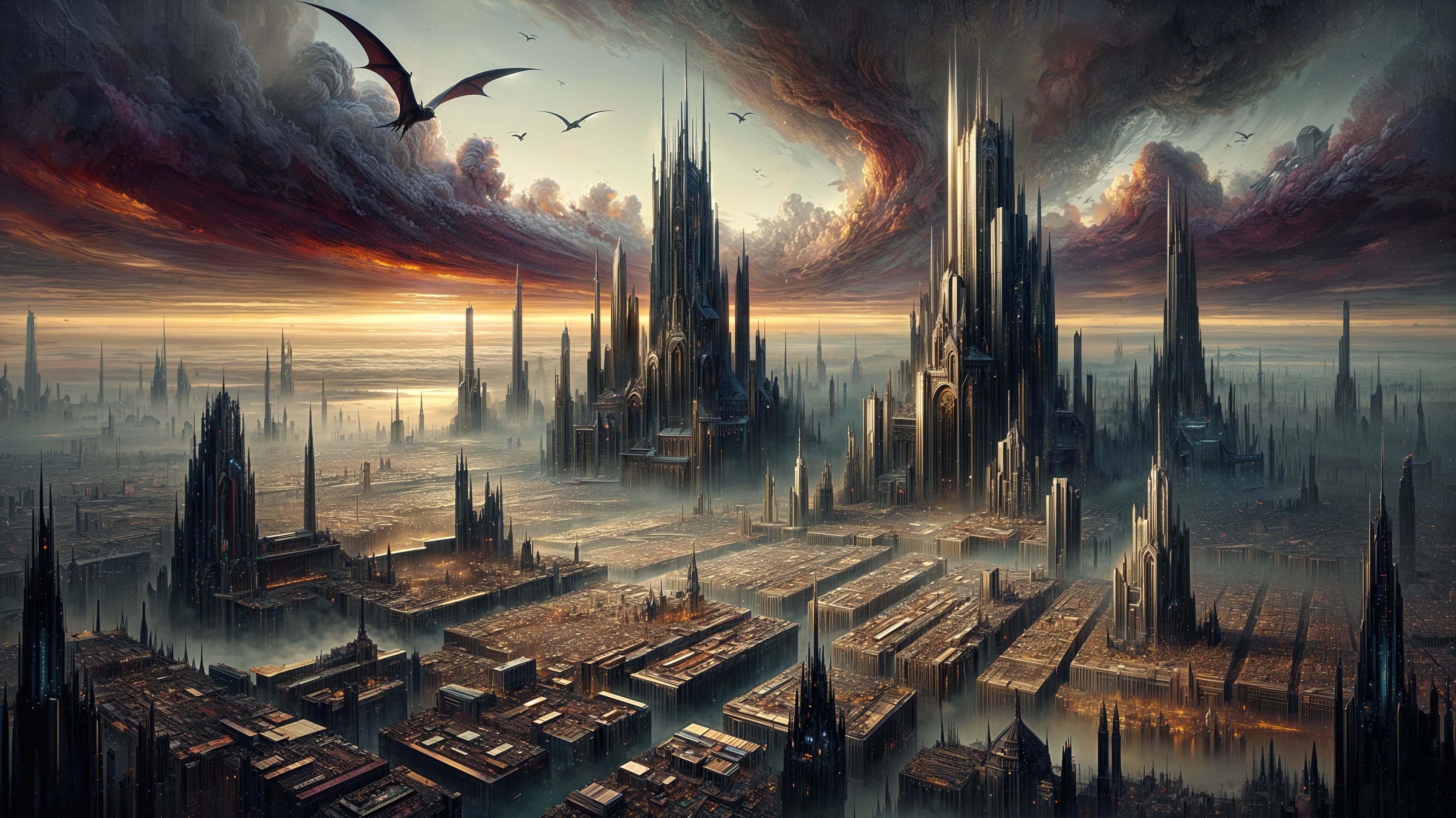 Fantasy Cityscape with Spires and Misty Atmosphere