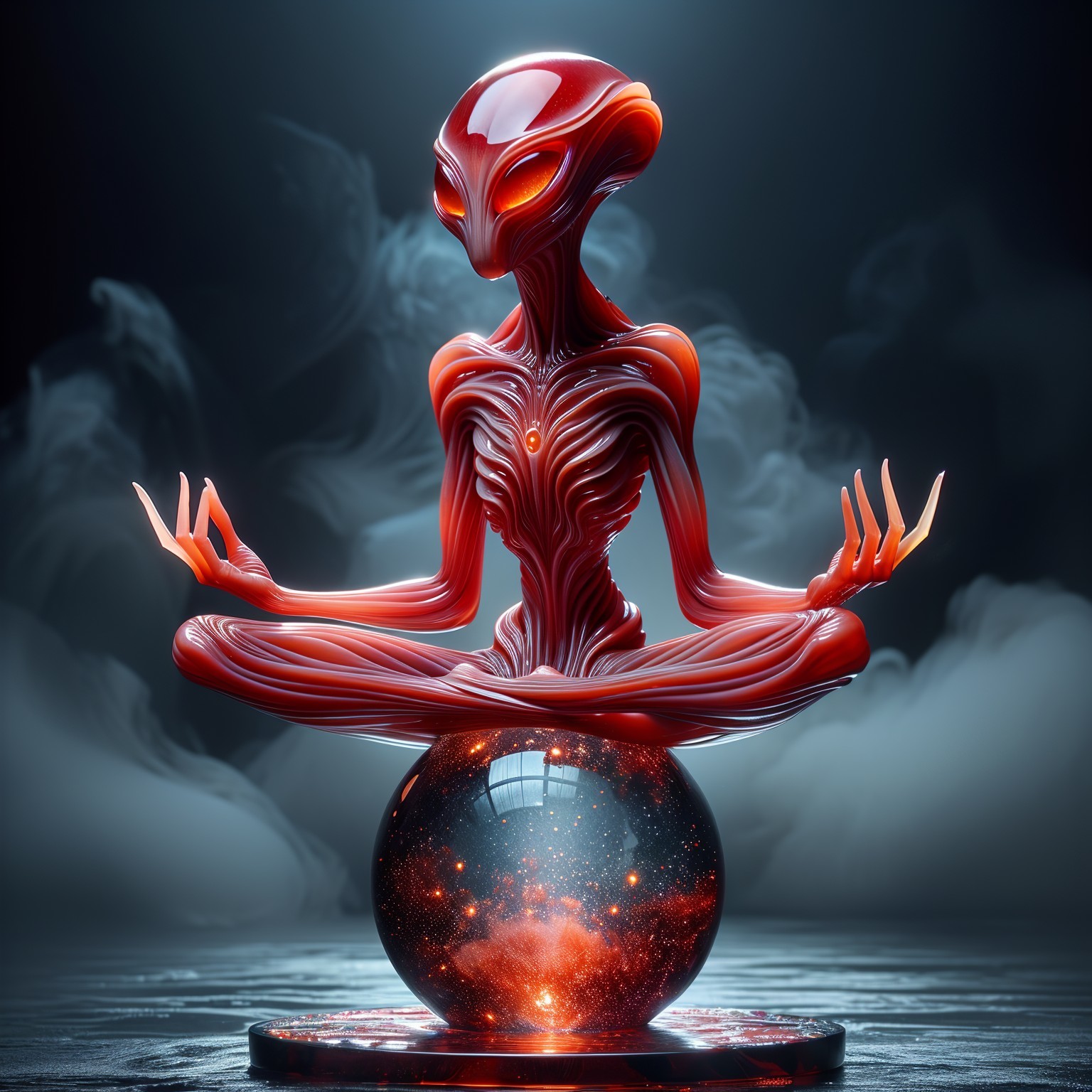 Alien Figure Meditating Above Cosmic Sphere