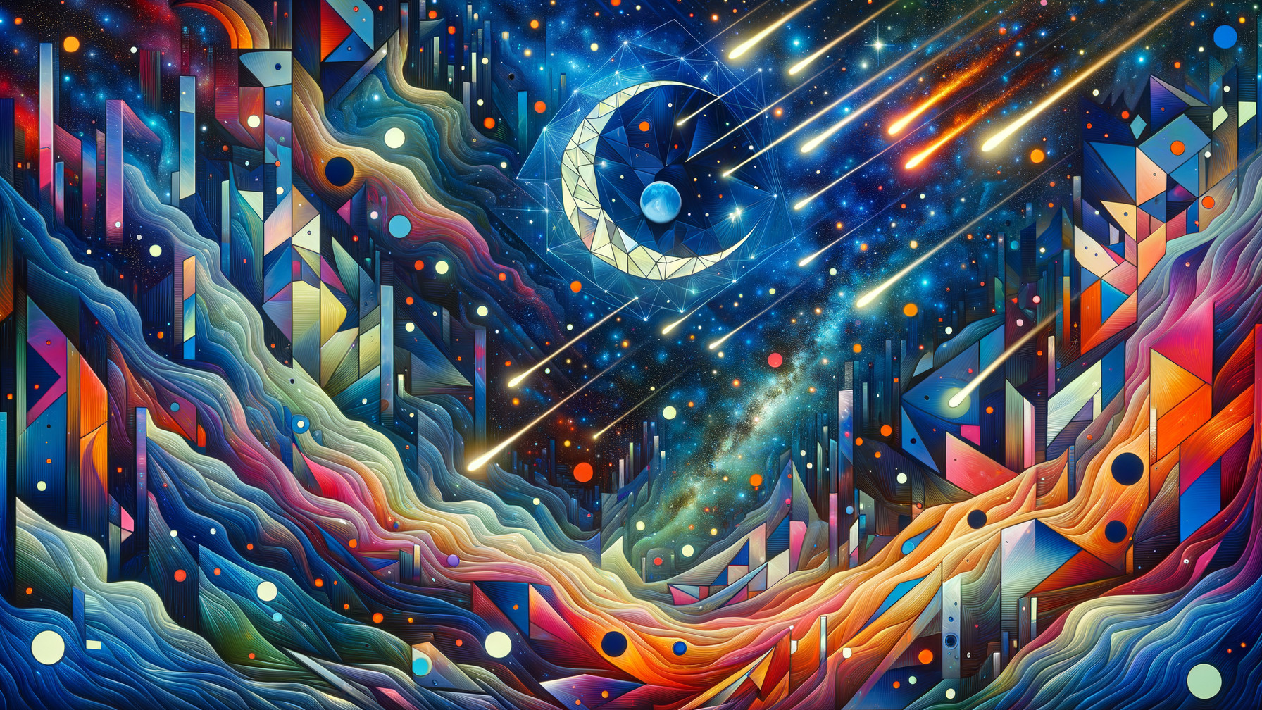Vibrant Abstract Cosmic Landscape with Geometric Shapes