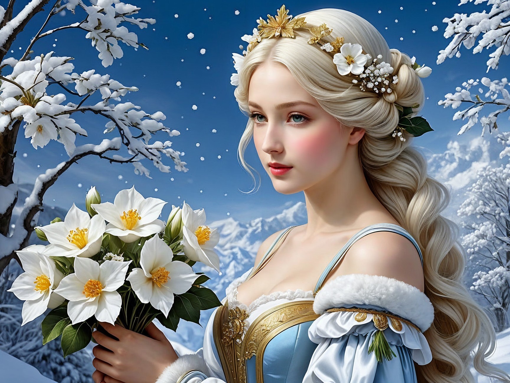 Serene Young Woman in Floral Gown Amid Snowy Scene