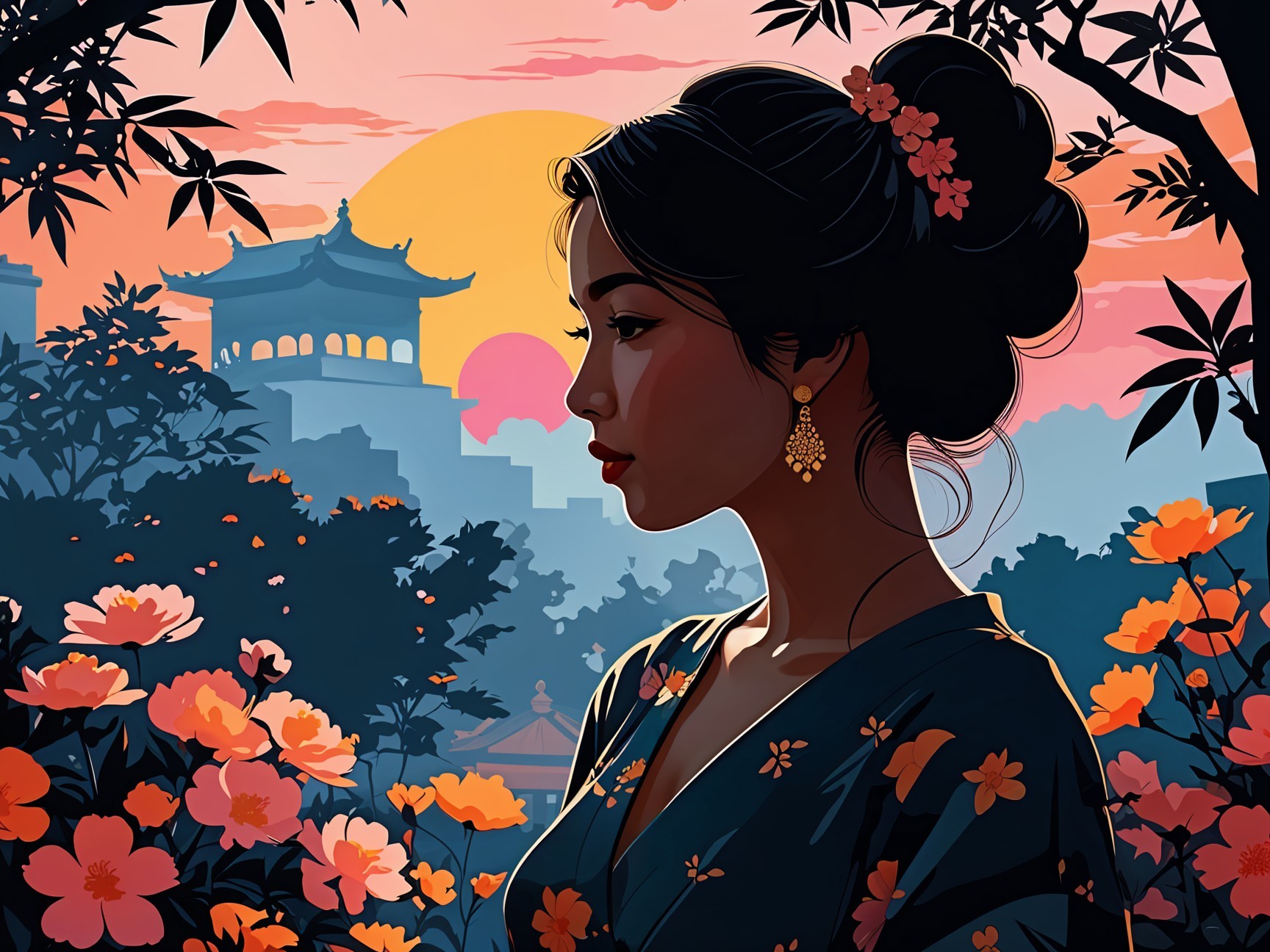 Silhouette of a Woman in Floral Kimono at Sunset