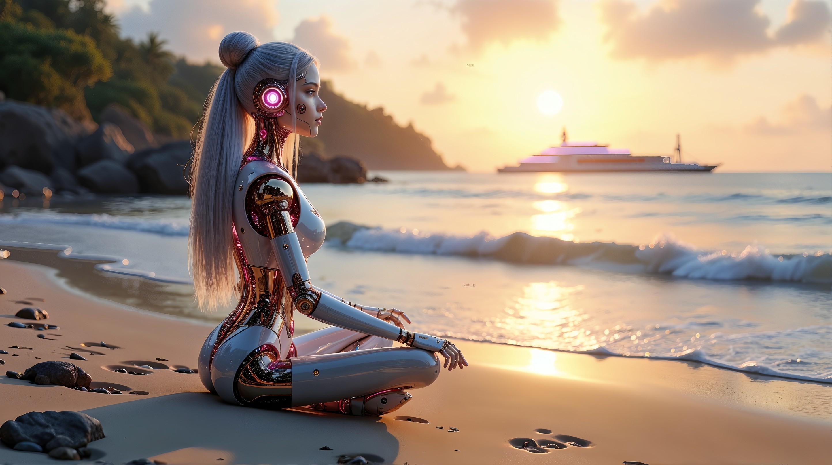 Futuristic Robot on Beach at Sunset with Yacht