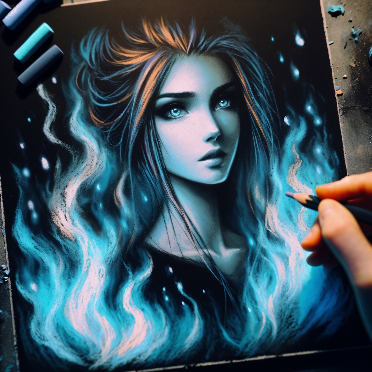 Portrait of a Young Woman with Blue Hair and Flames