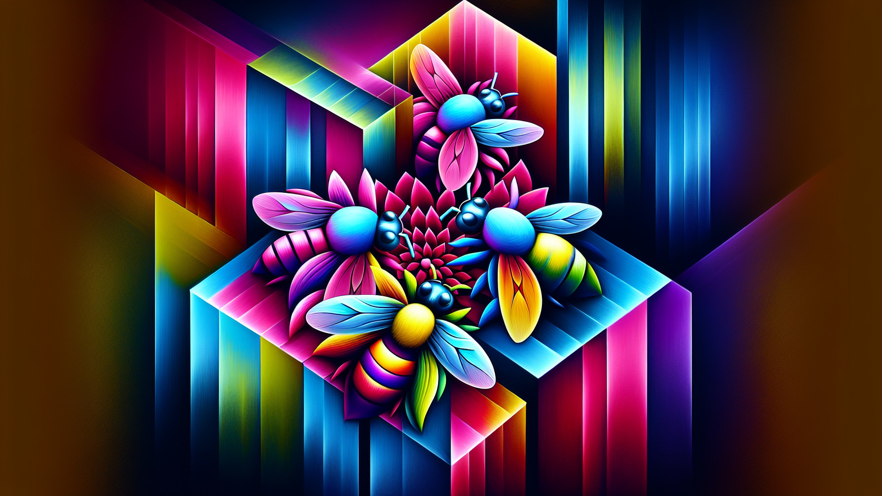 Vibrant 3D Design of Colorful Flowers and Bees