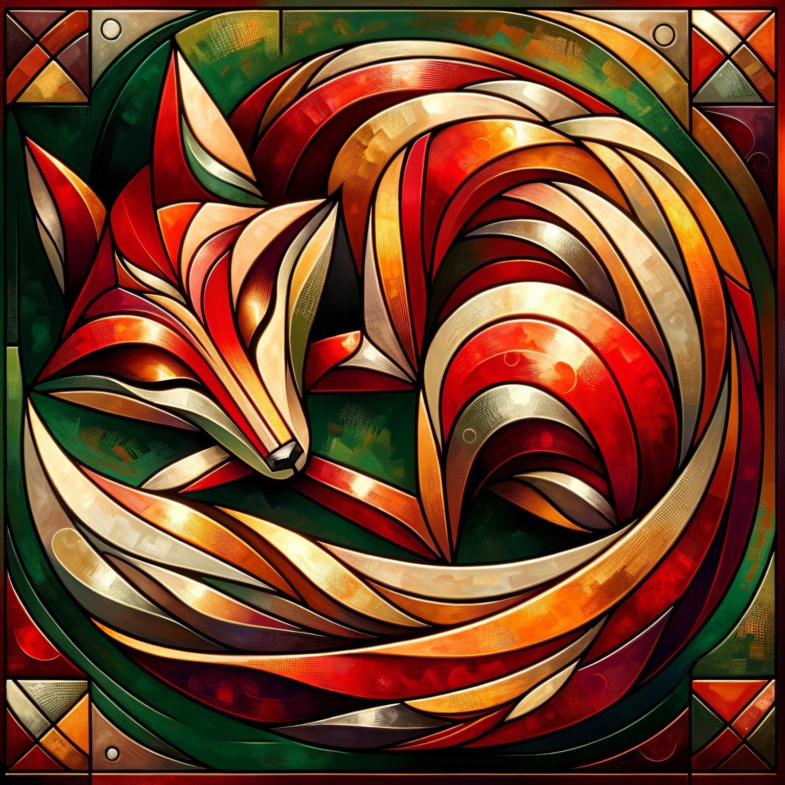 Stylized fox in colorful pattern with lush background