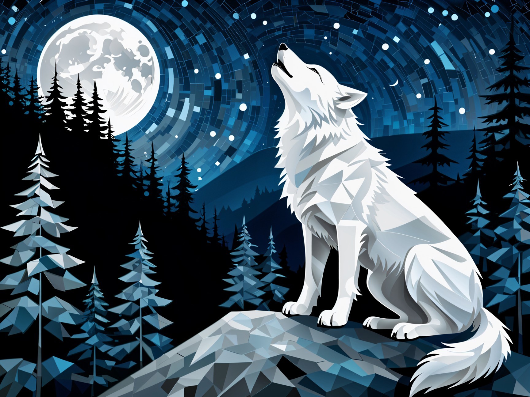 White Wolf Howling at Full Moon in Starry Night Sky