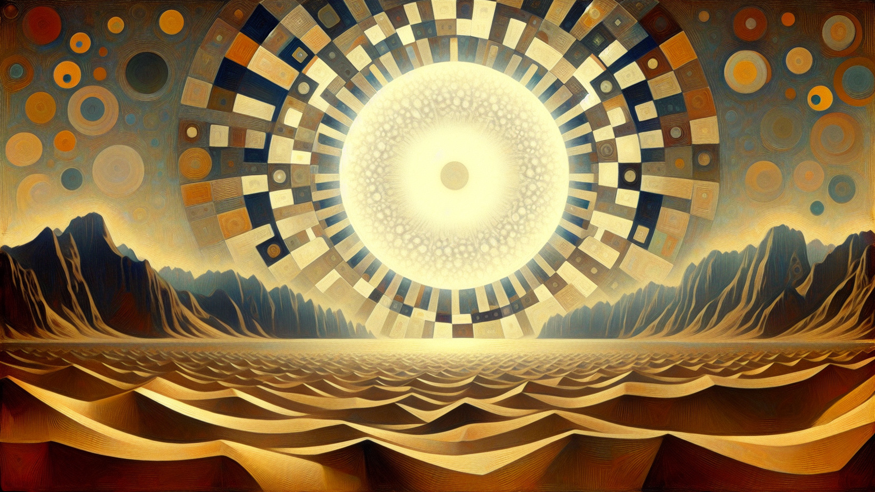 Surreal Landscape of Sand Dunes and Geometric Sun