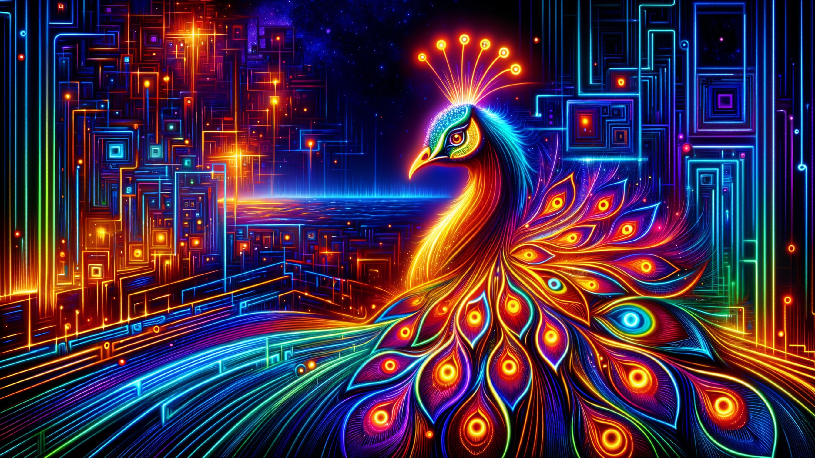 Digital Peacock Against Cosmic Cityscape Background