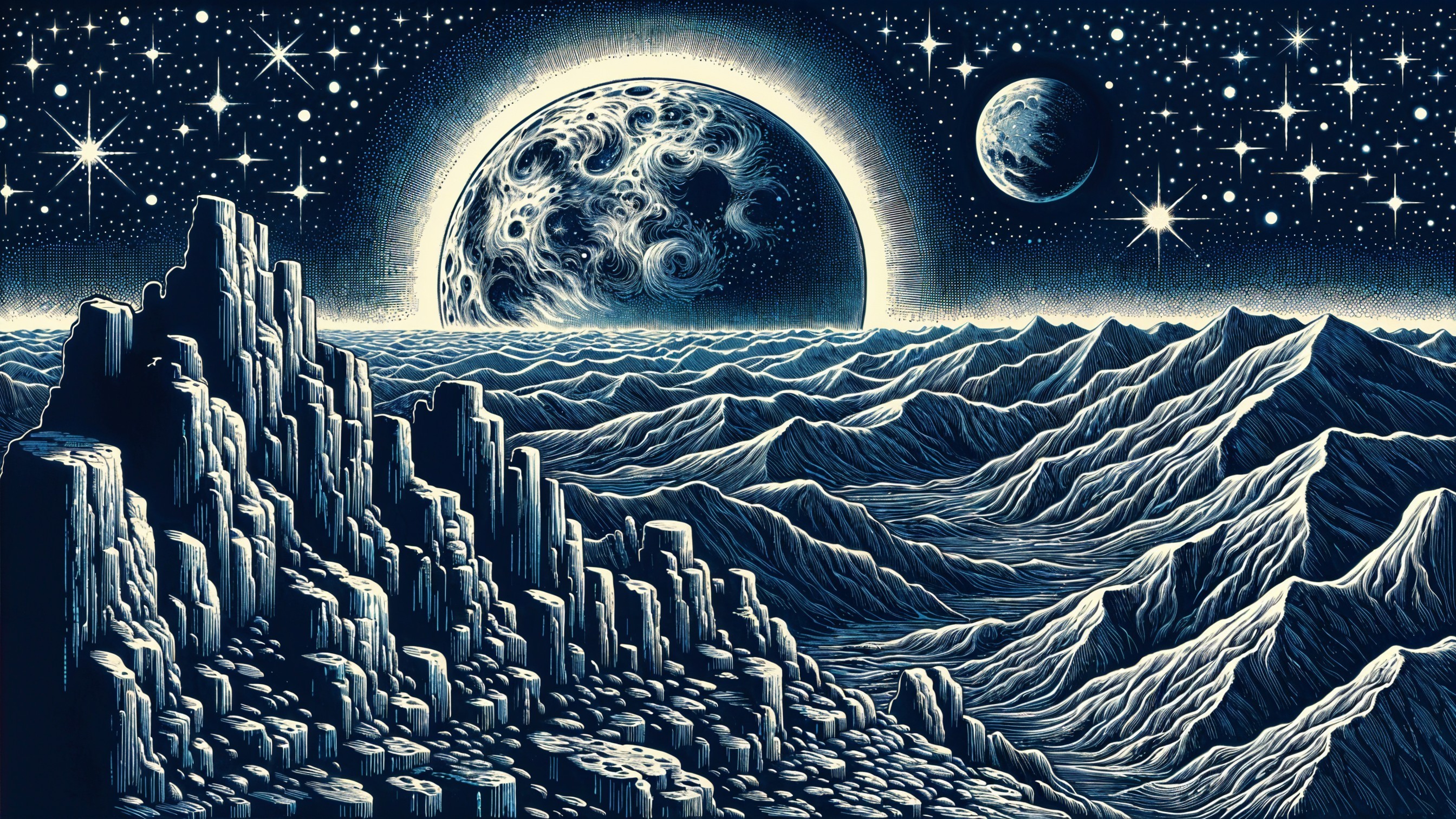 Cosmic Landscape with Mountains and Celestial Bodies