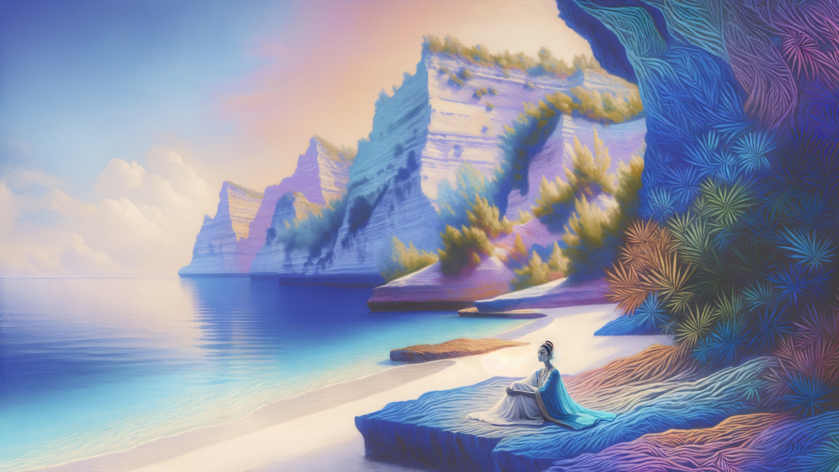 Coastal Landscape with Vibrant Cliffs and Sunset Reflections