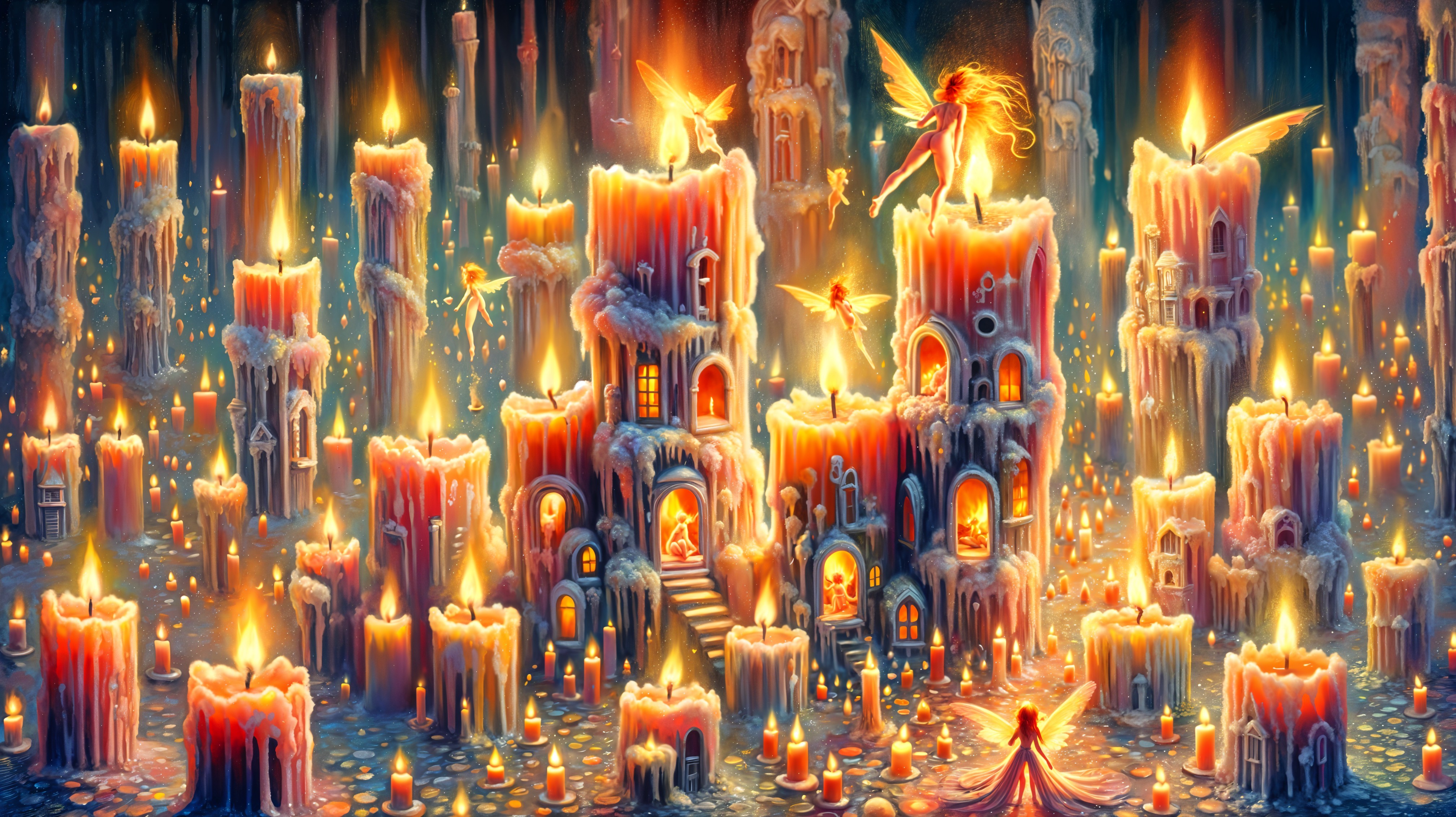 Fantastical city of glowing candle towers and fairies