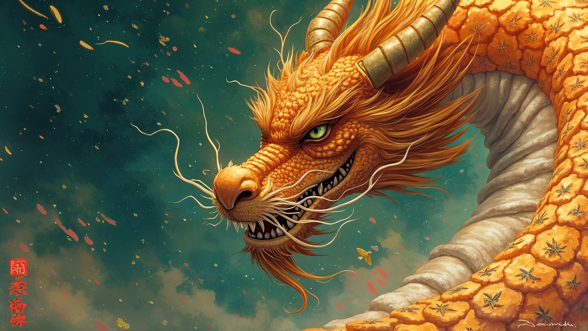 Majestic orange dragon in vibrant swirling sky