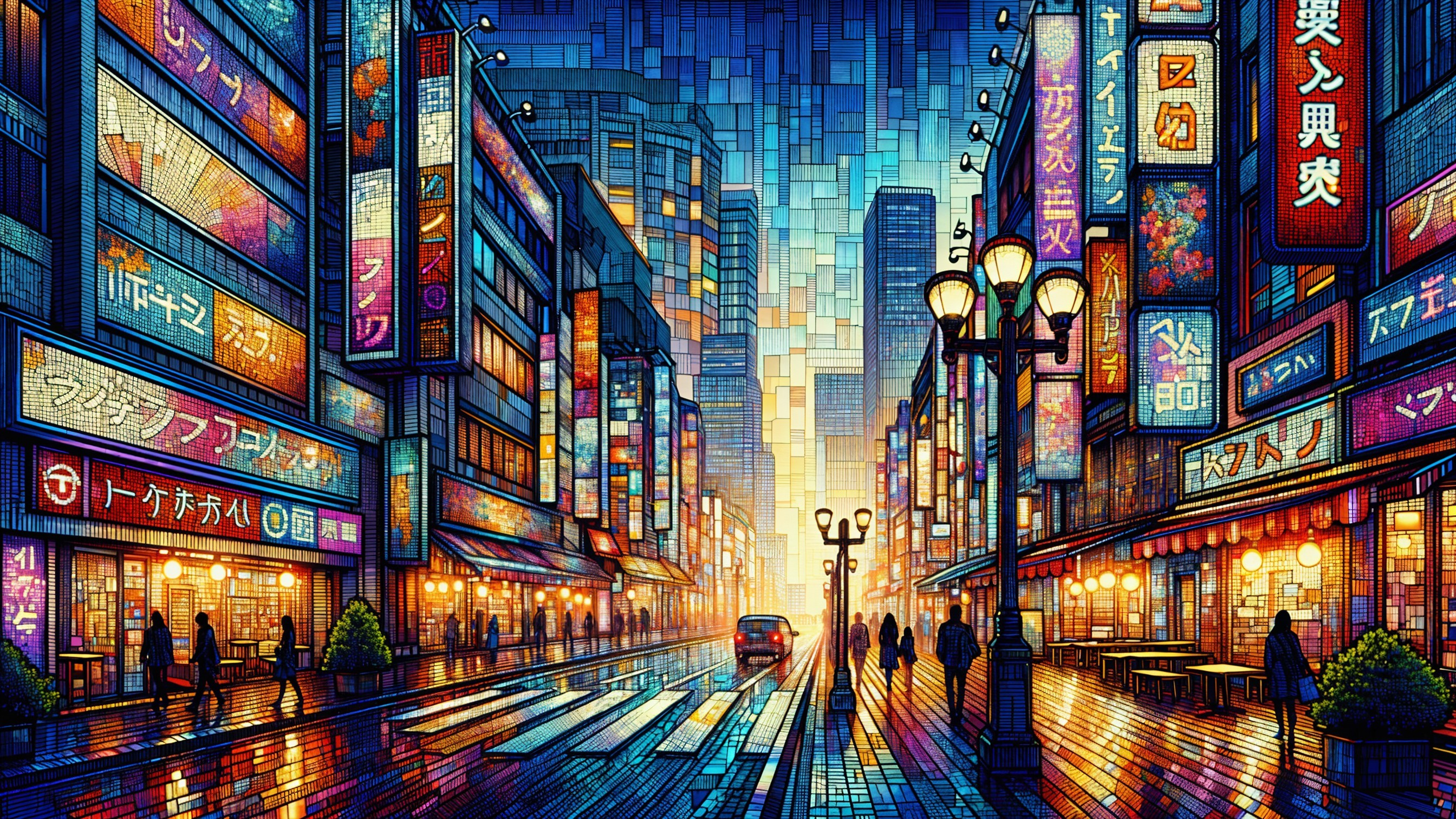 Vibrant City Street at Dusk with Neon Lights